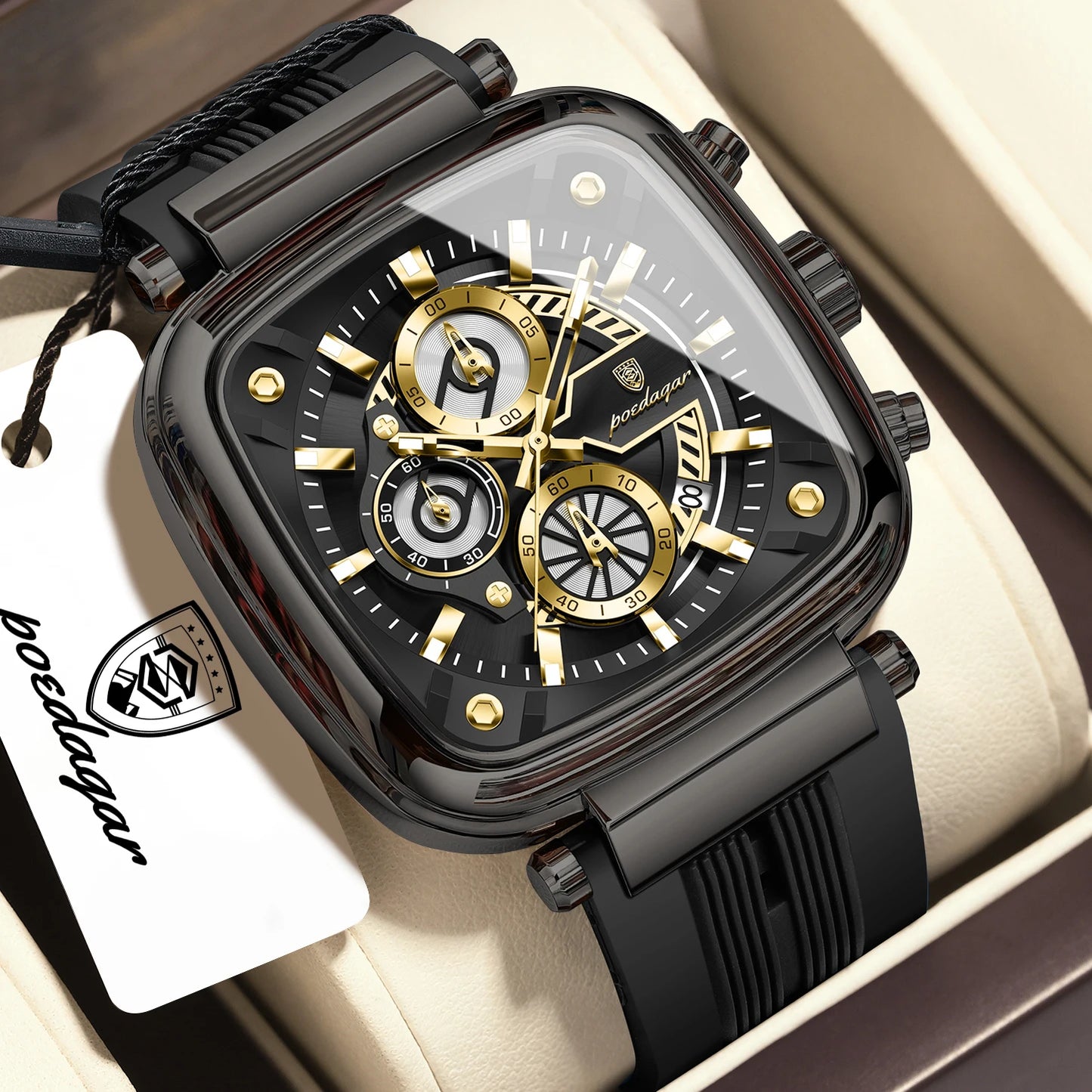Square Chronograph Sport Watch – Luminous Dial with Silicone Strap & Date