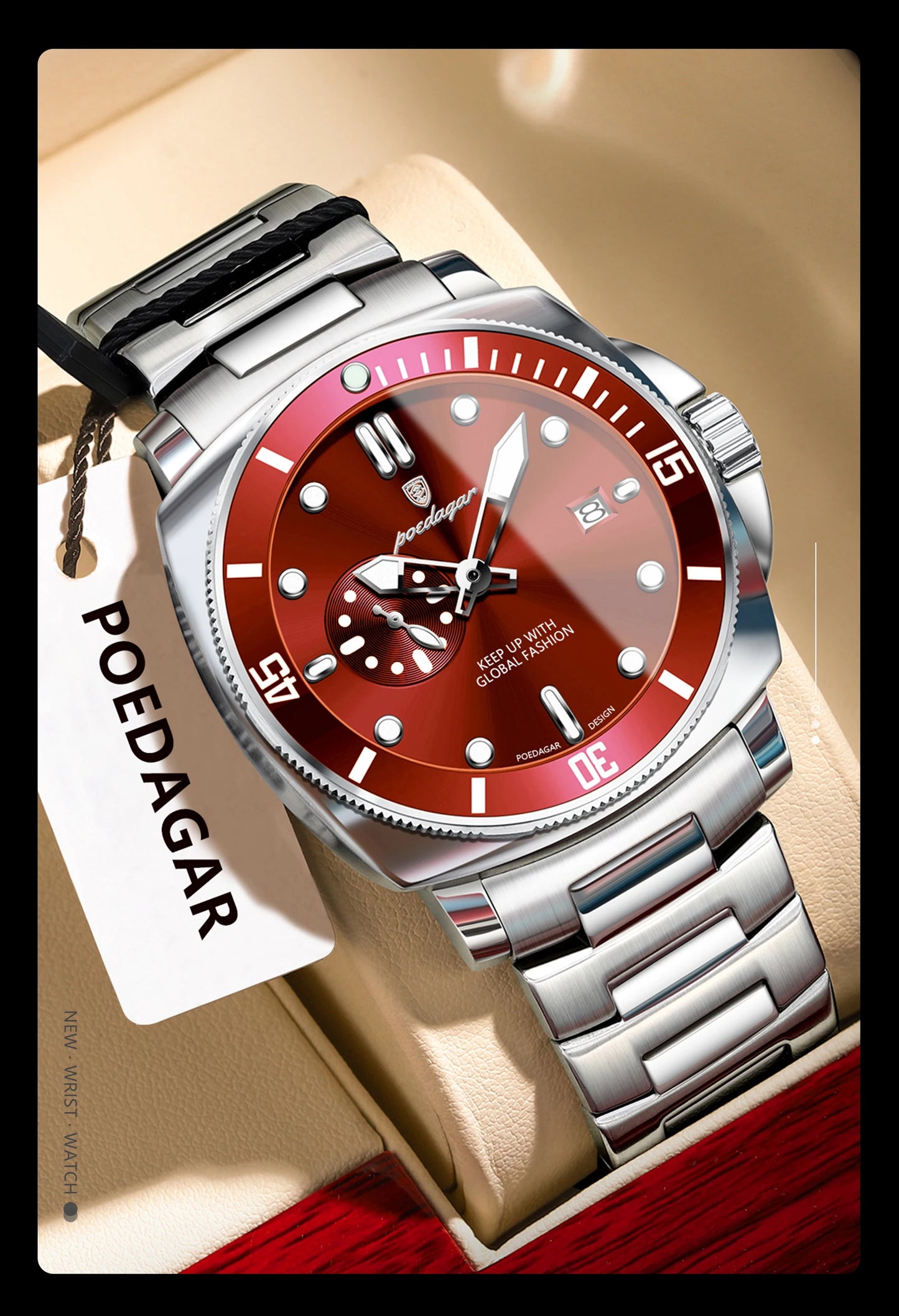 Business Date Watch – Luminous Numberless Dial with Hidden Clasp Bracelet