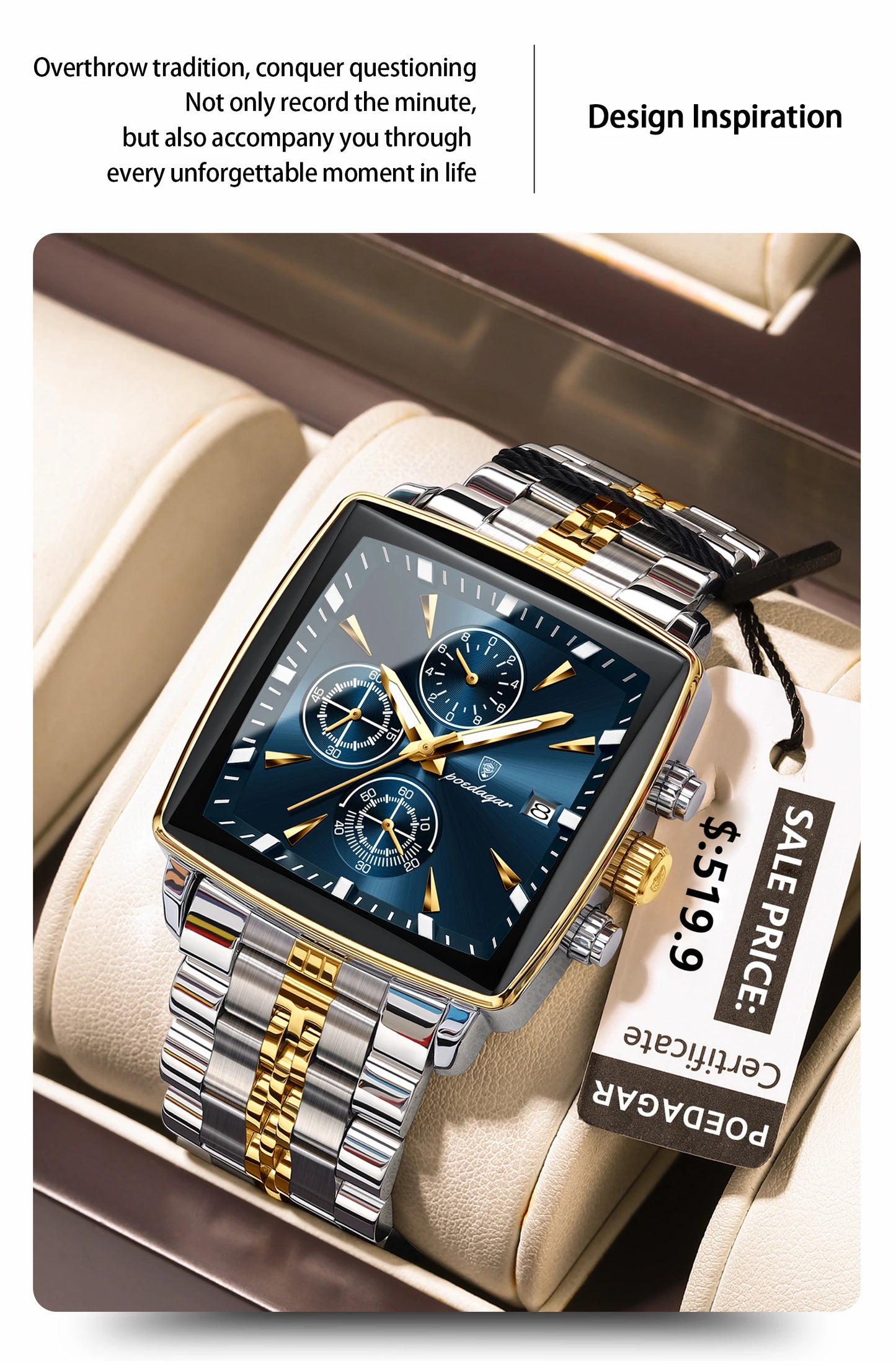 Square Chronograph Watch – Bold Numberless Dial with Hidden Clasp Bracelet