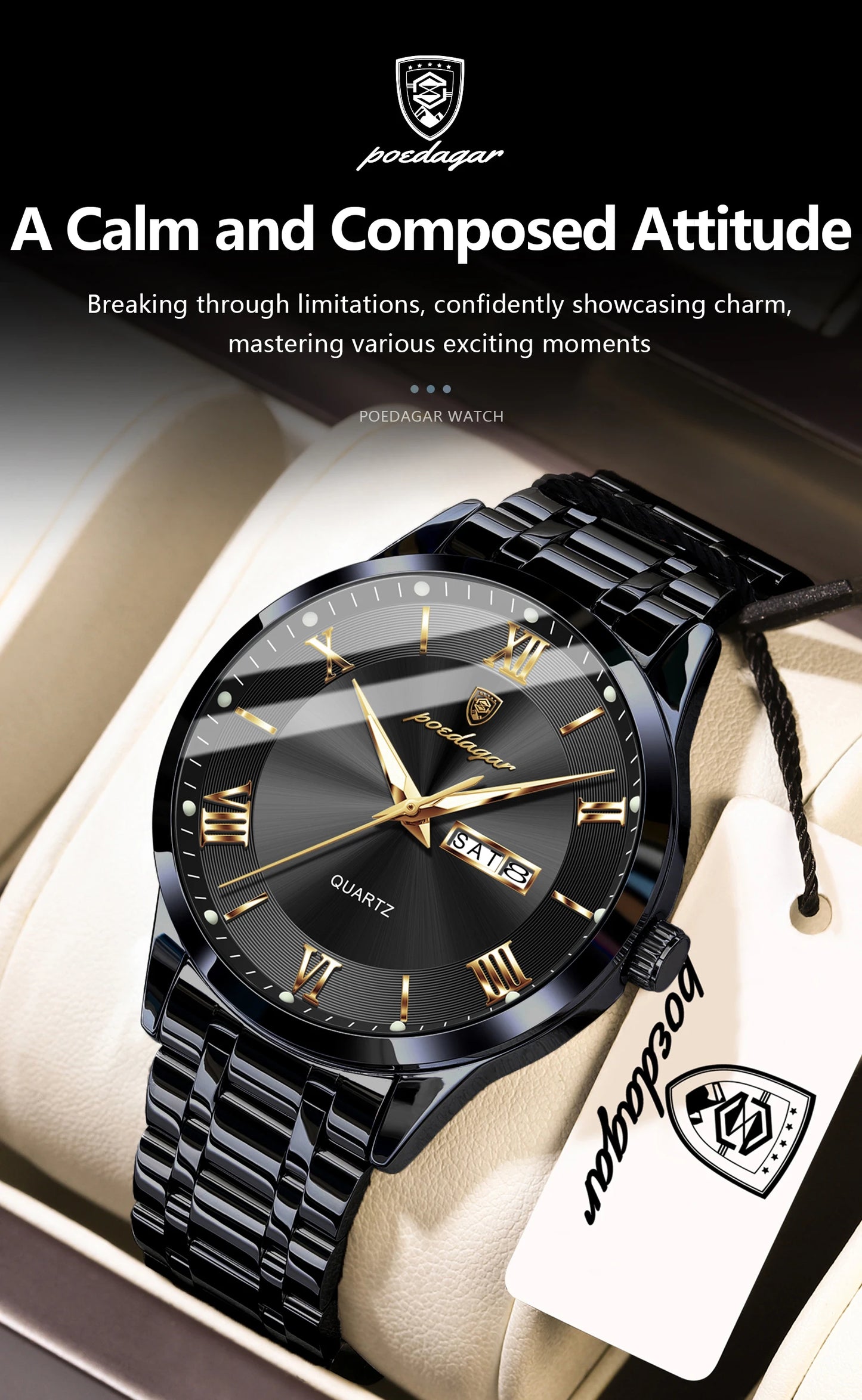Full Calendar Stainless Steel Watch – Luminous Dial with Date, Week & Hidden Clasp