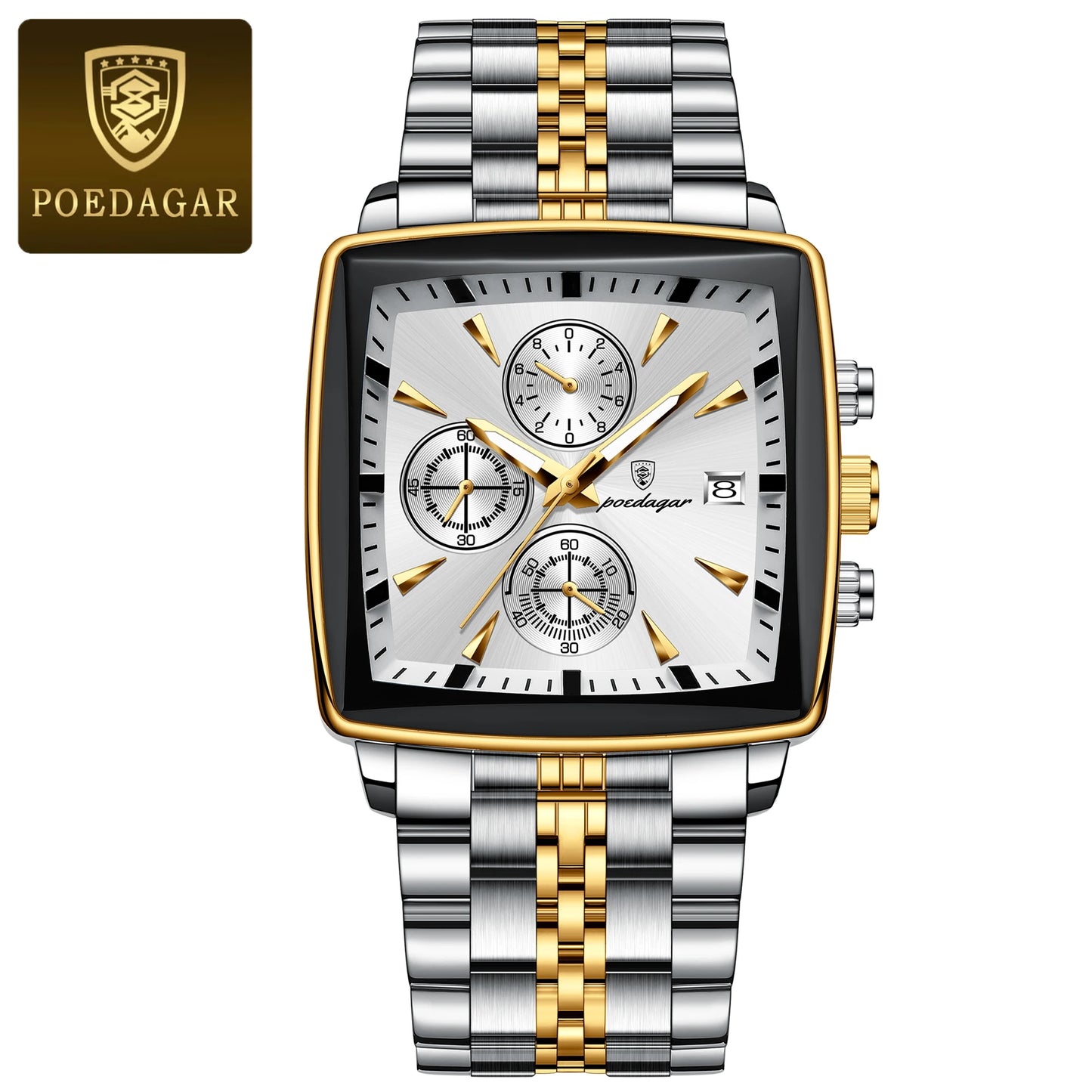 Square Chronograph Watch – Luminous Numberless Dial with Hidden Clasp Bracelet