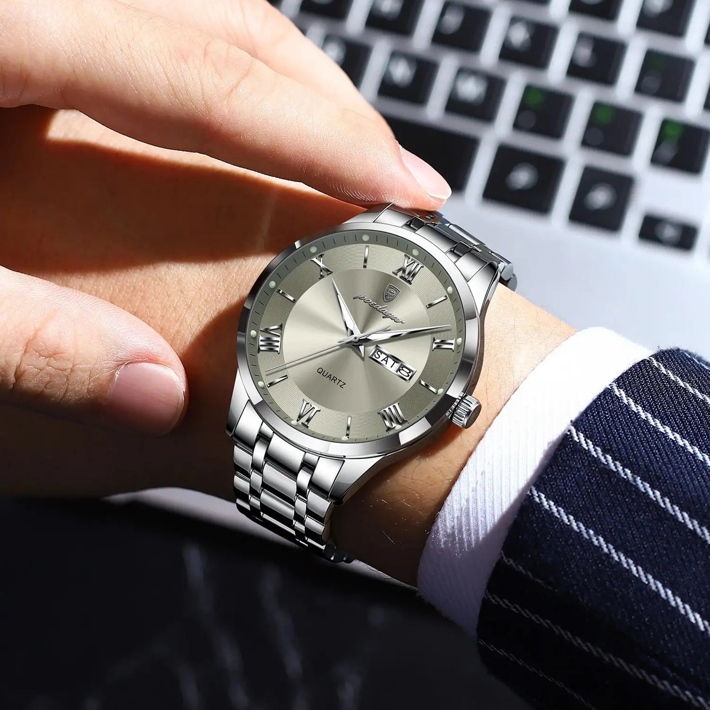 Roman Numeral Full Calendar Watch – Luminous Dial with Date, Week & Hidden Clasp