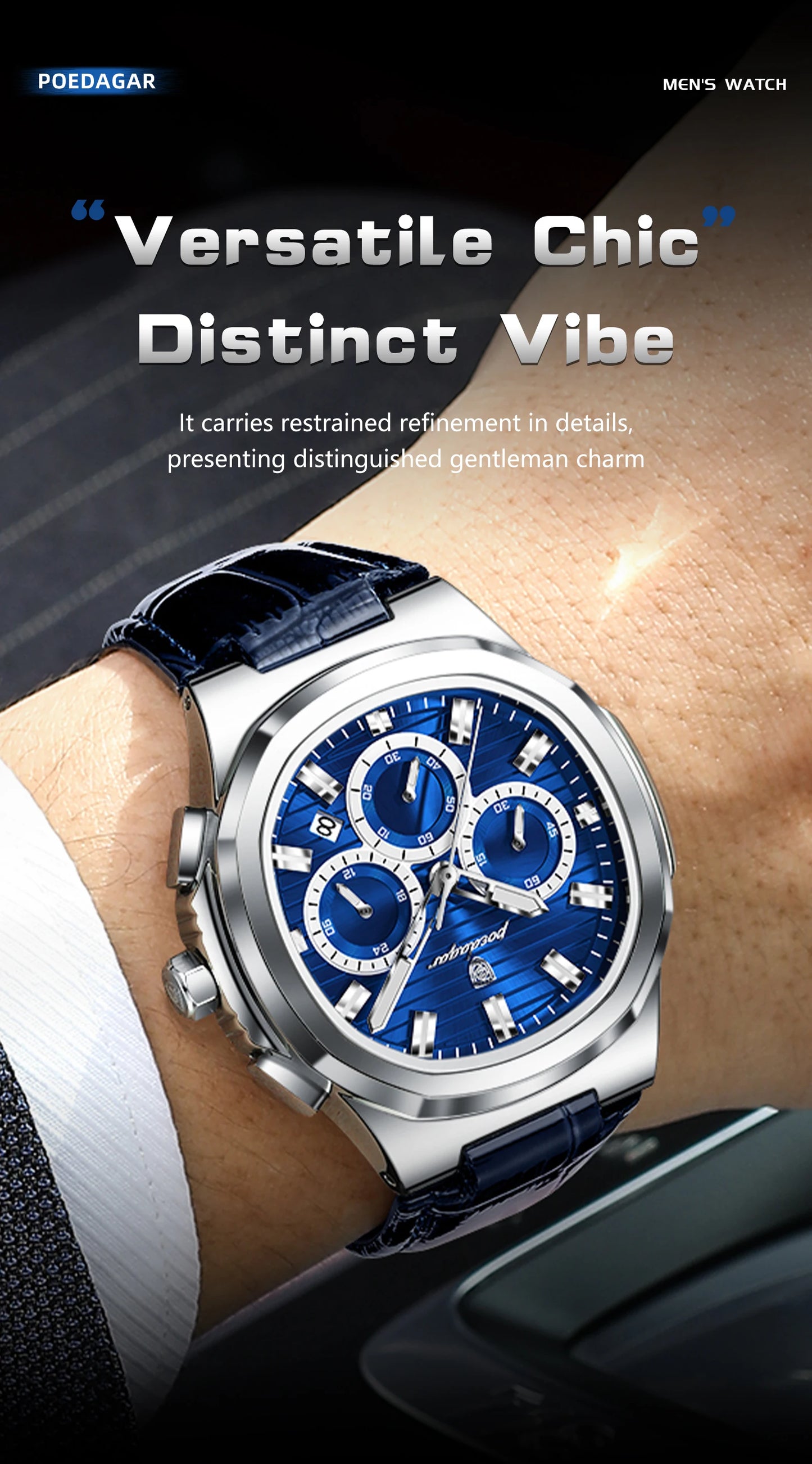 Square Chronograph Watch – Luxe Leather Strap with Luminous Dial & Date