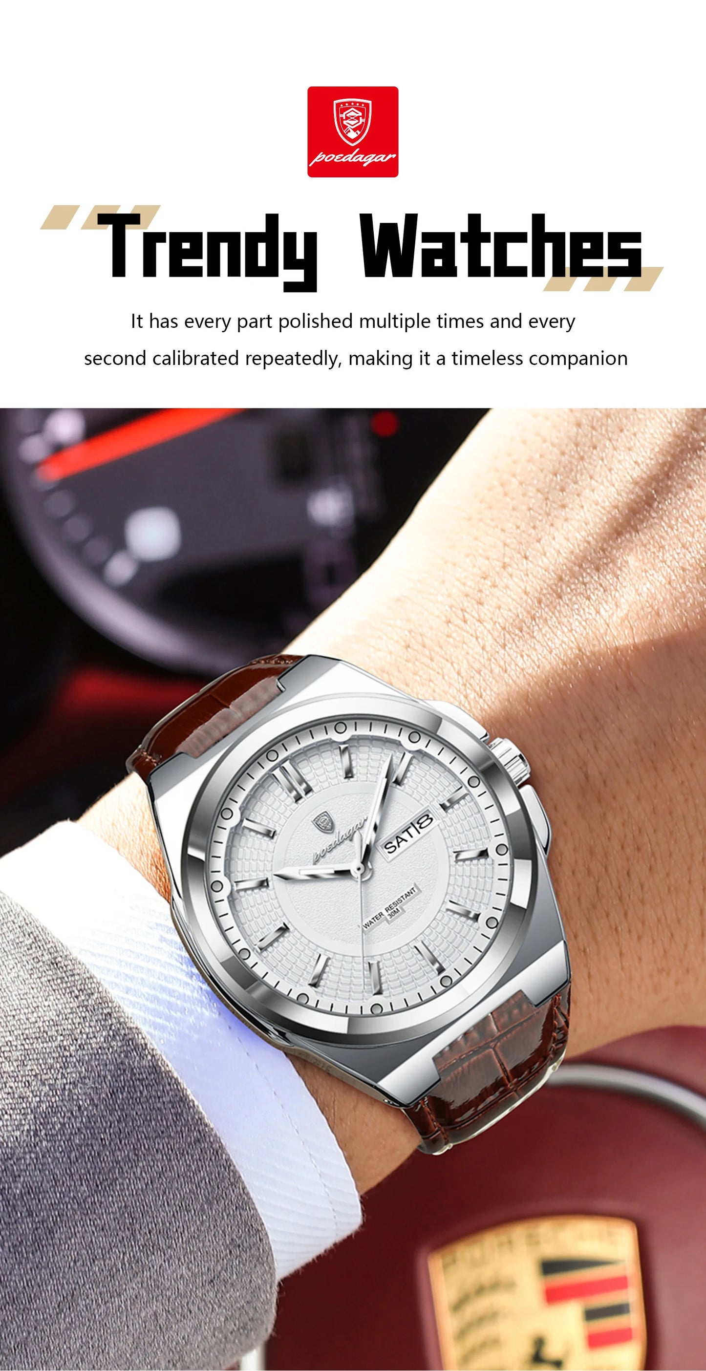 Full Calendar Leather Watch – Luminous Dial with Date & Week Display