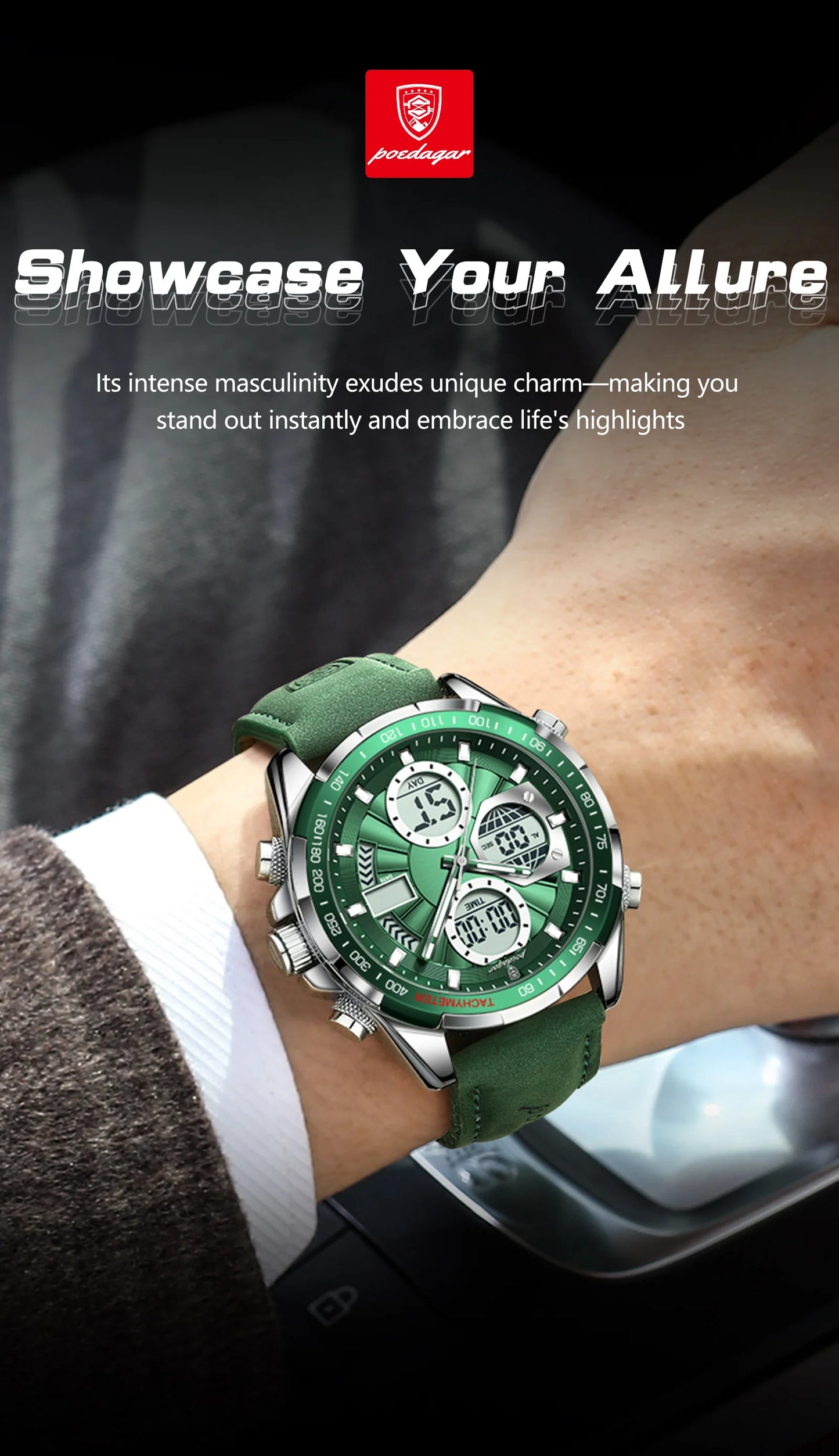 LED Analog-Digital Chronograph Watch – Dual Time & Alarm with Leather Strap