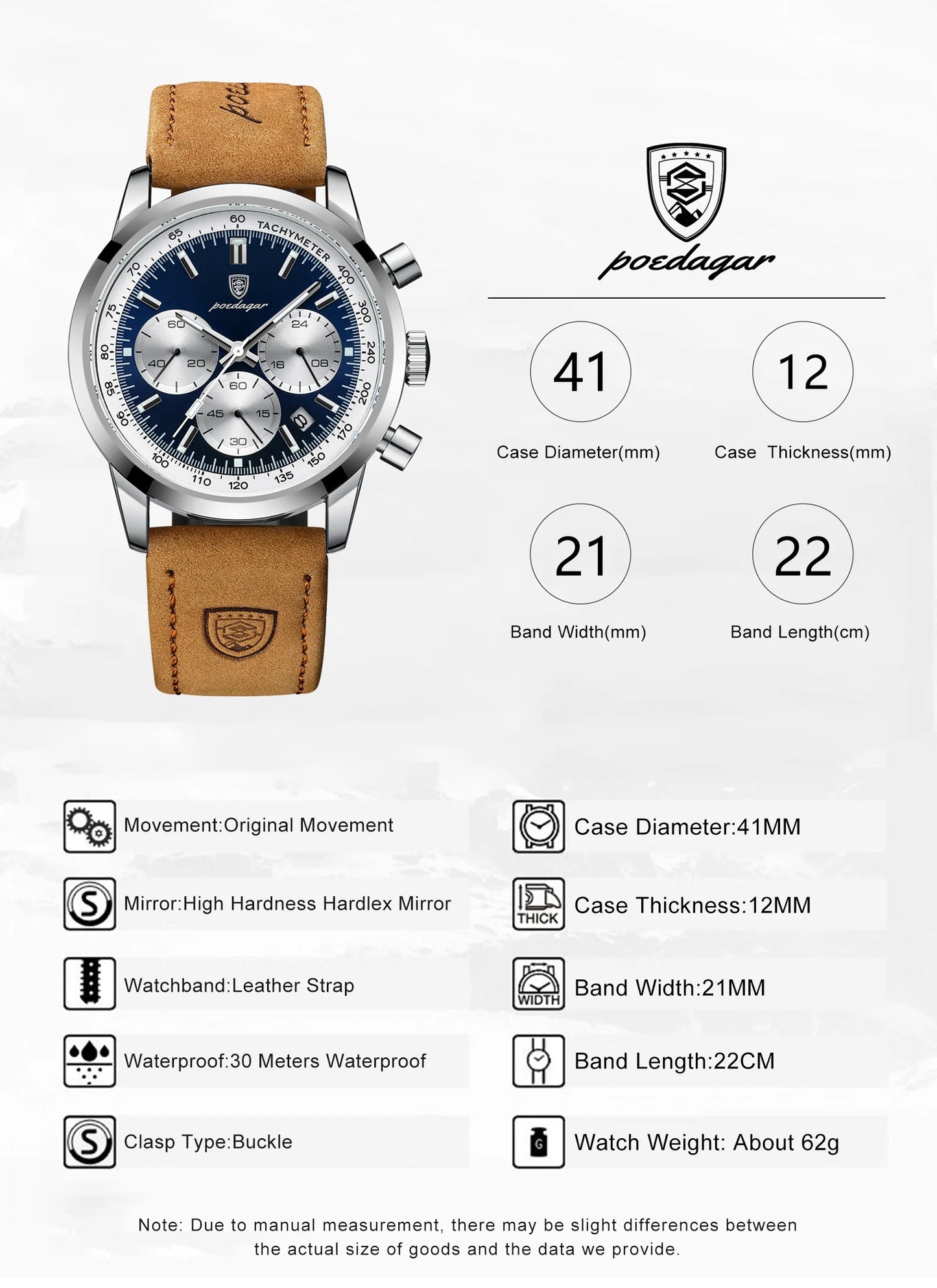Chronograph Leather Watch – Full Calendar with Luminous Dial