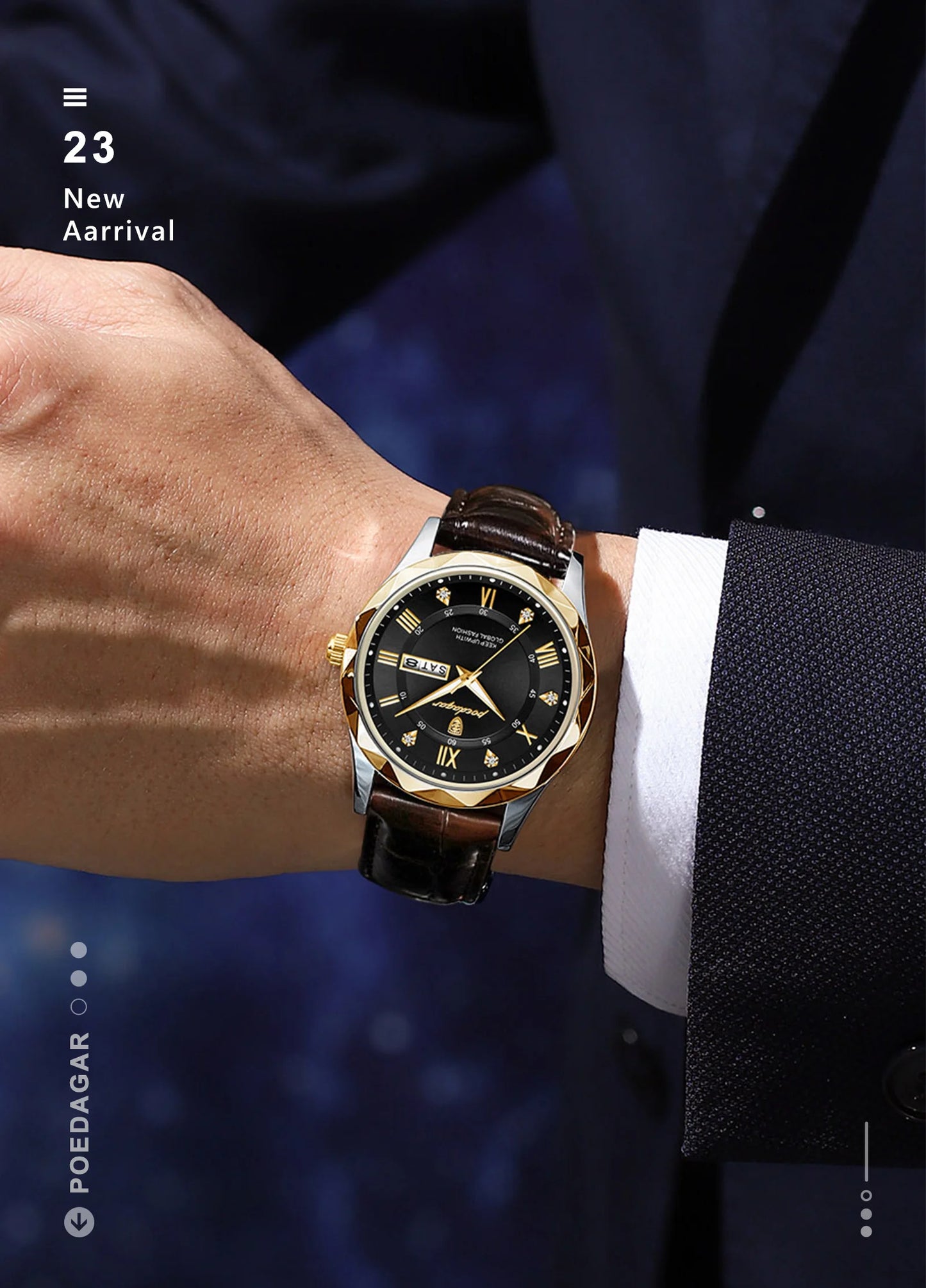 Roman Numeral Full Calendar Watch – Leather Strap with Date, Week & Luminous Dial