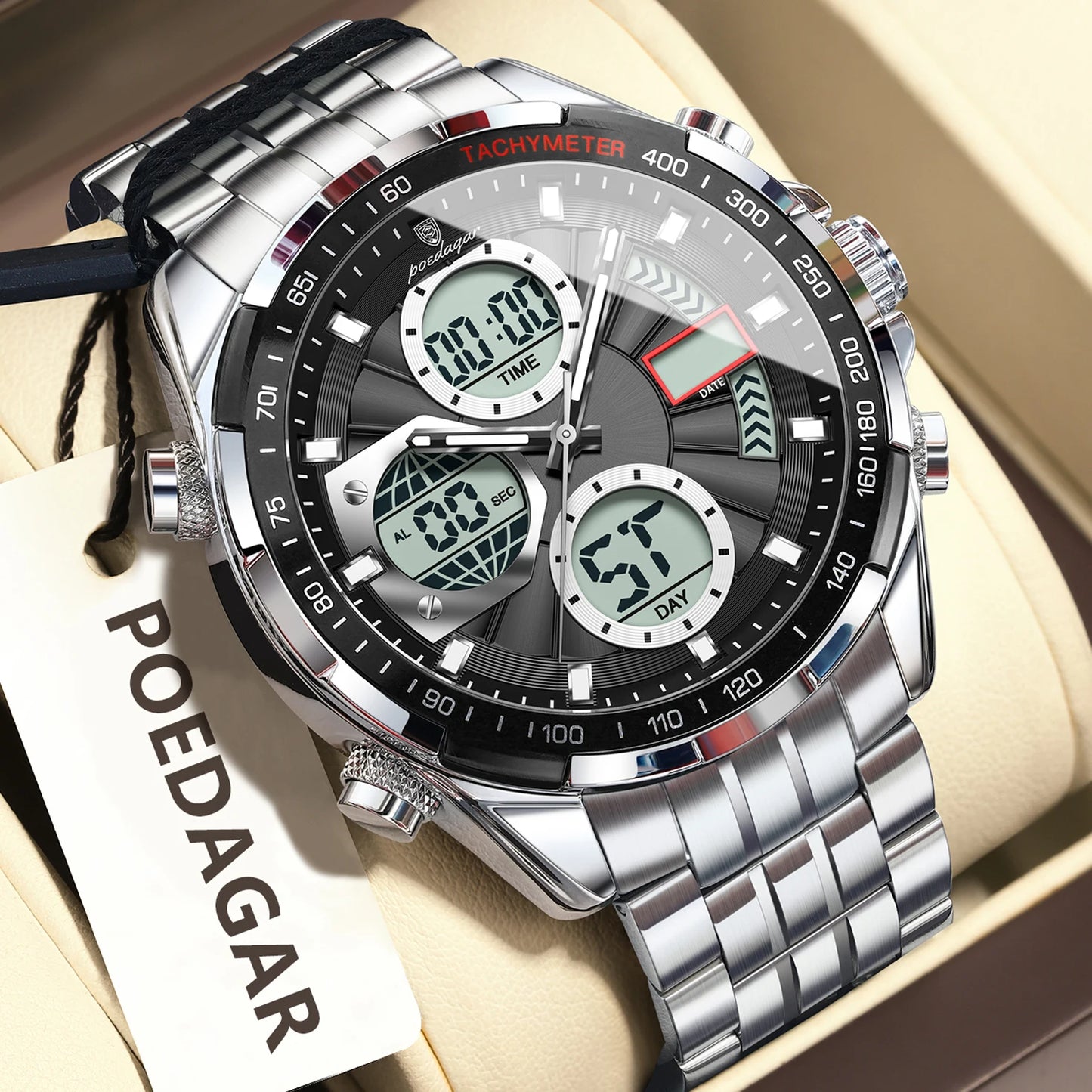 Dual Time Chronograph Watch – Analog-Digital Display with LED & Full Calendar