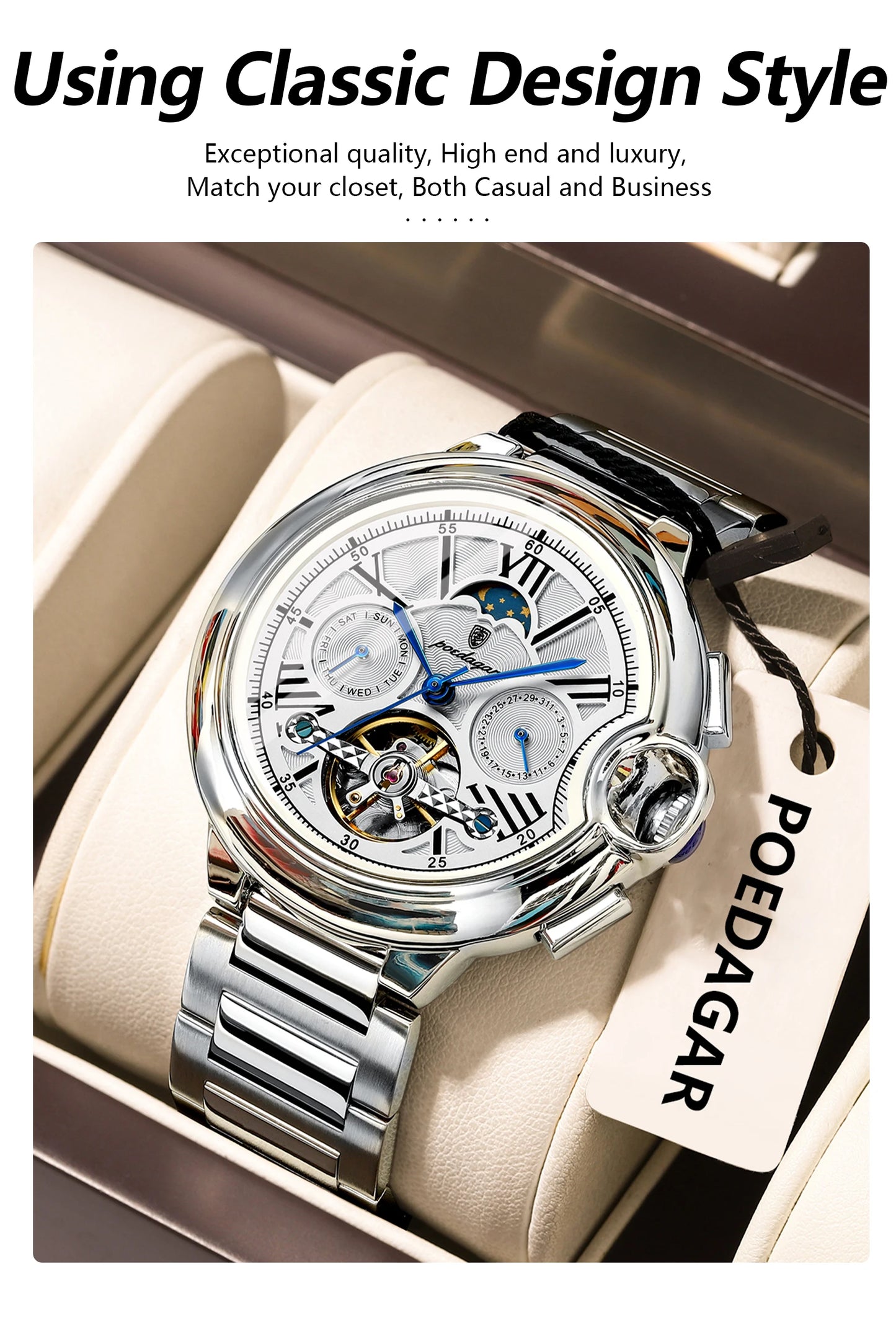Automatic Skeleton Watch – Tourbillon Style with Moon Phase & Full Calendar