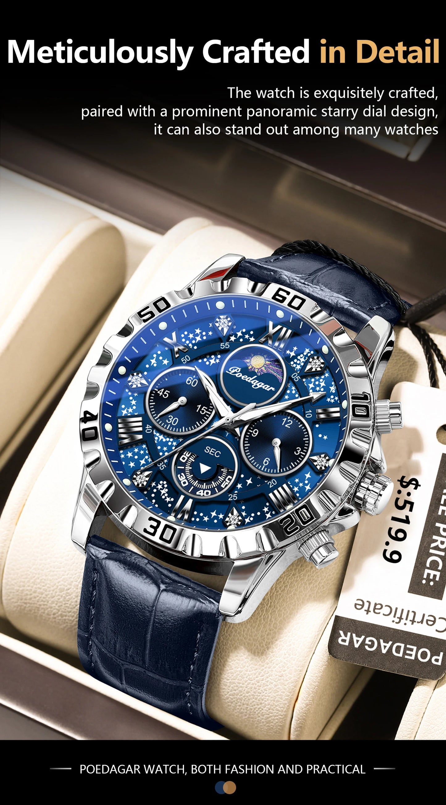 Chronograph Watch with Multiple Time Zone – Leather Strap & Sapphire Crystal