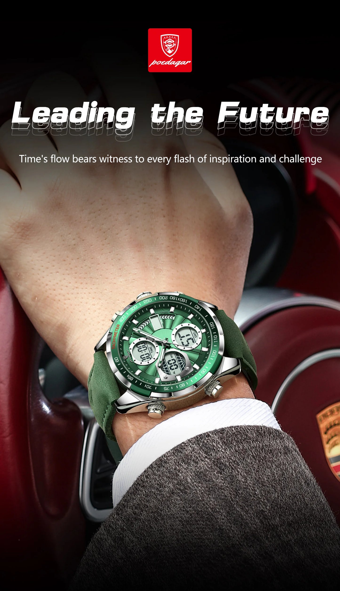 LED Analog-Digital Chronograph Watch – Dual Time & Alarm with Leather Strap