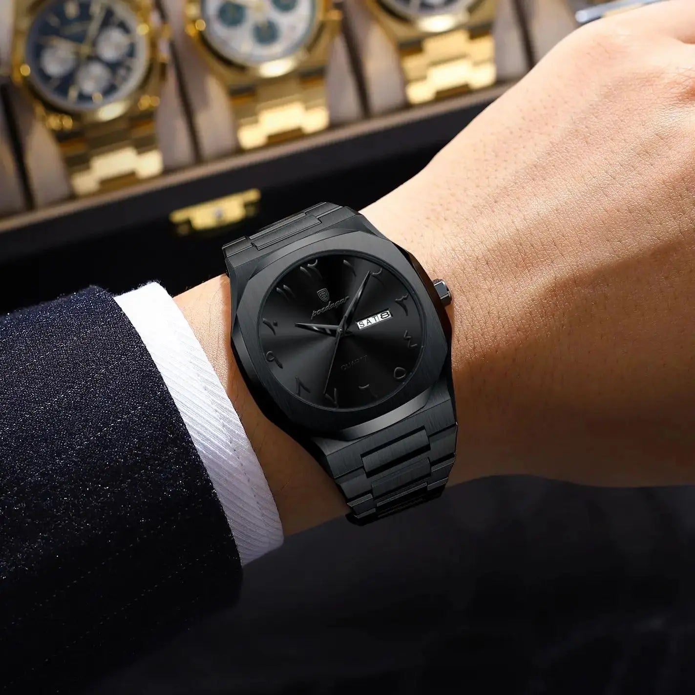 Irregular Shape Stainless Steel Watch – Full Calendar with Date & Week Display