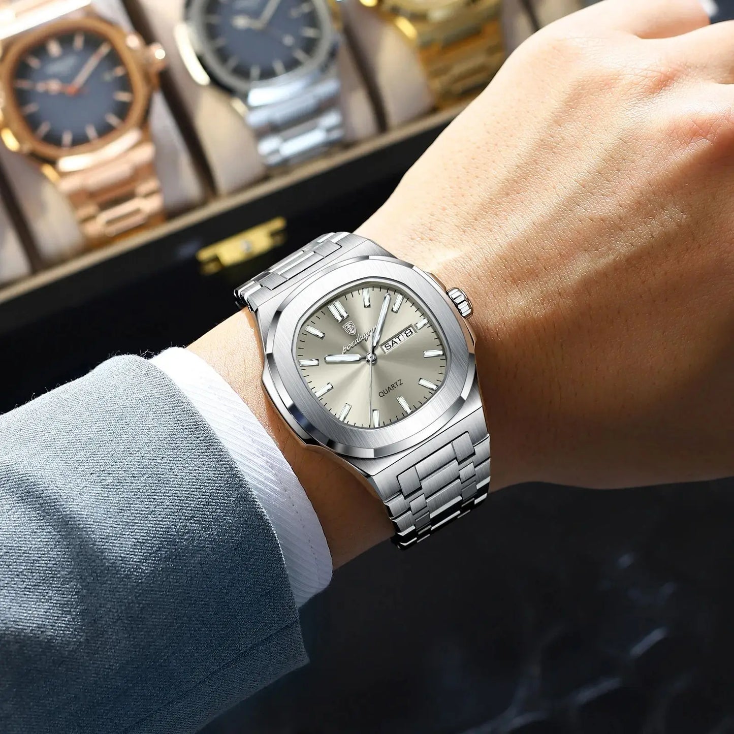Square Full Calendar Watch – Date & Week Display with Hidden Clasp Bracelet