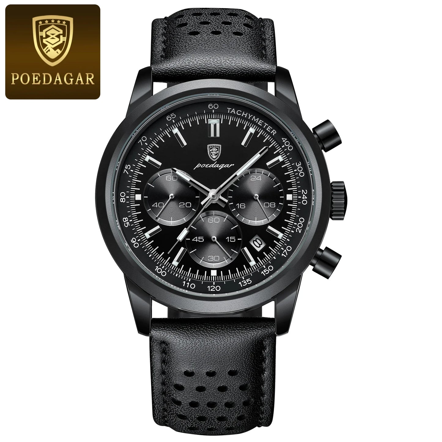Chronograph Leather Watch – Full Calendar with Luminous Dial