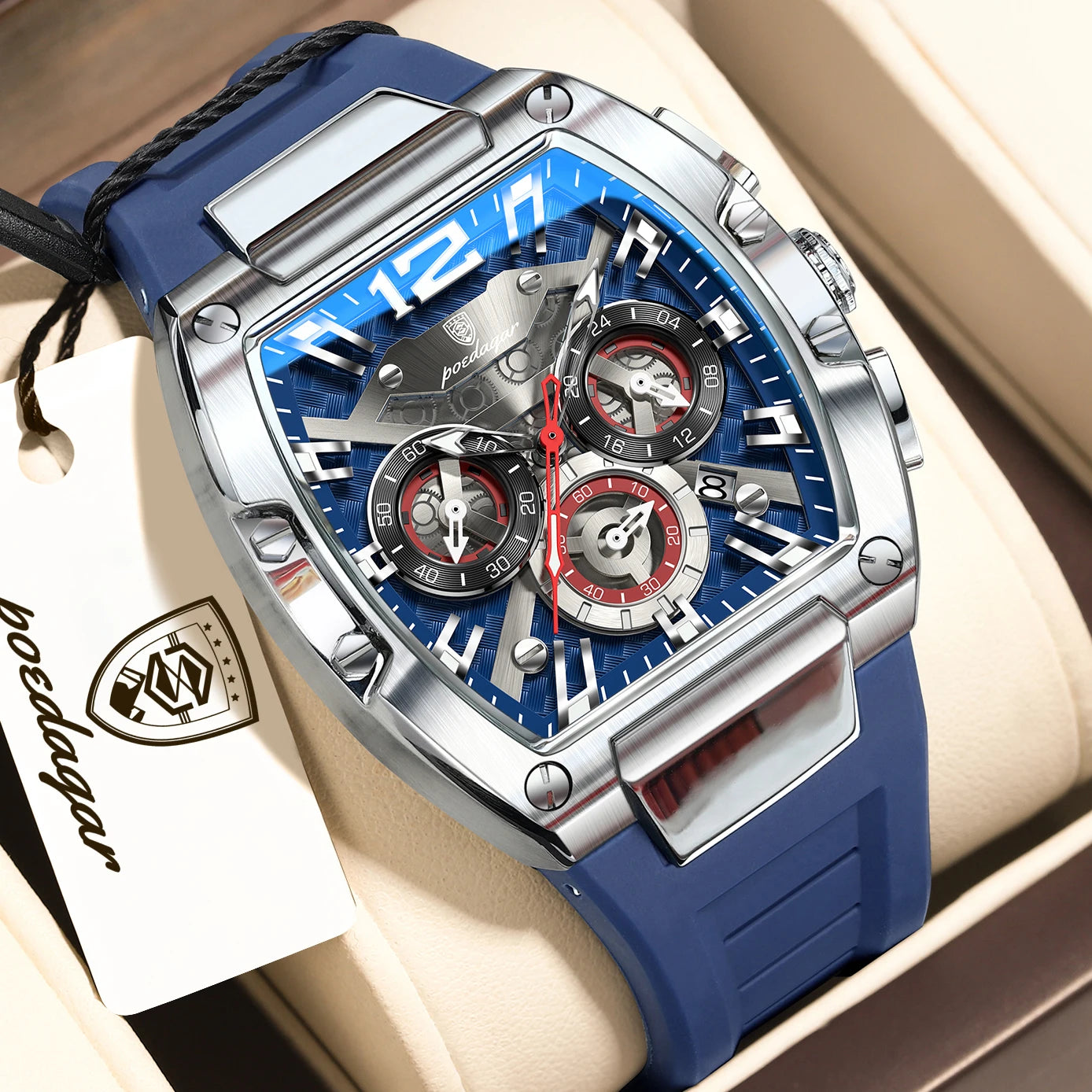 Tonneau Chronograph Watch – Roman Numeral Dial with Sapphire Crystal & Silicone Strap