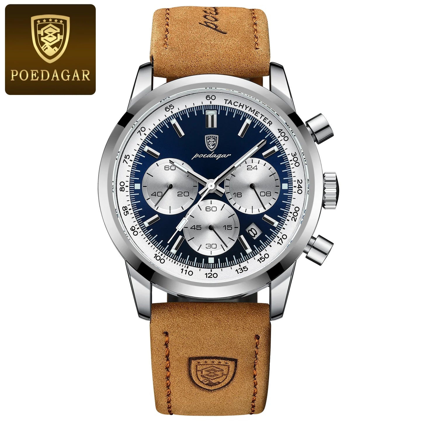 Chronograph Leather Watch – Luminous Numberless Dial with Date