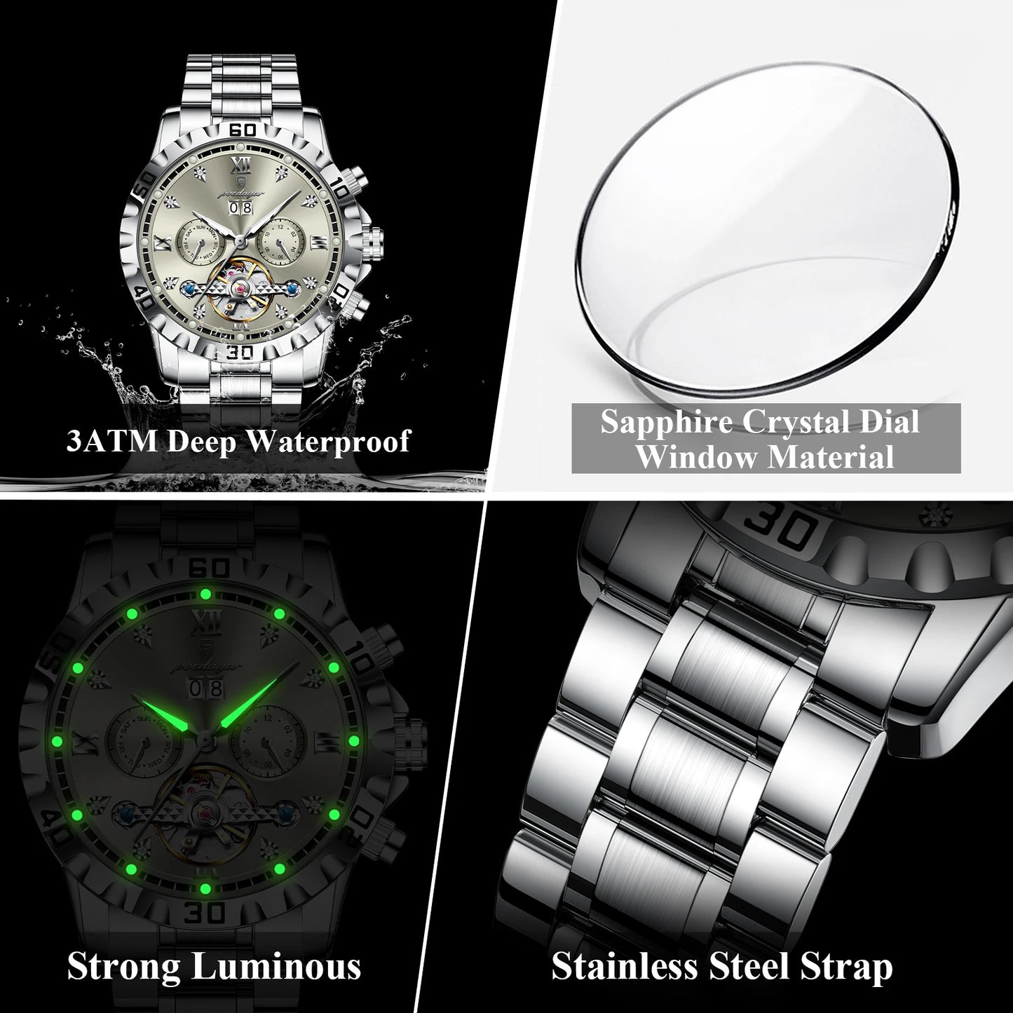 Automatic Tourbillon Style Watch – Sapphire Crystal with Week Display & Hidden Clasp