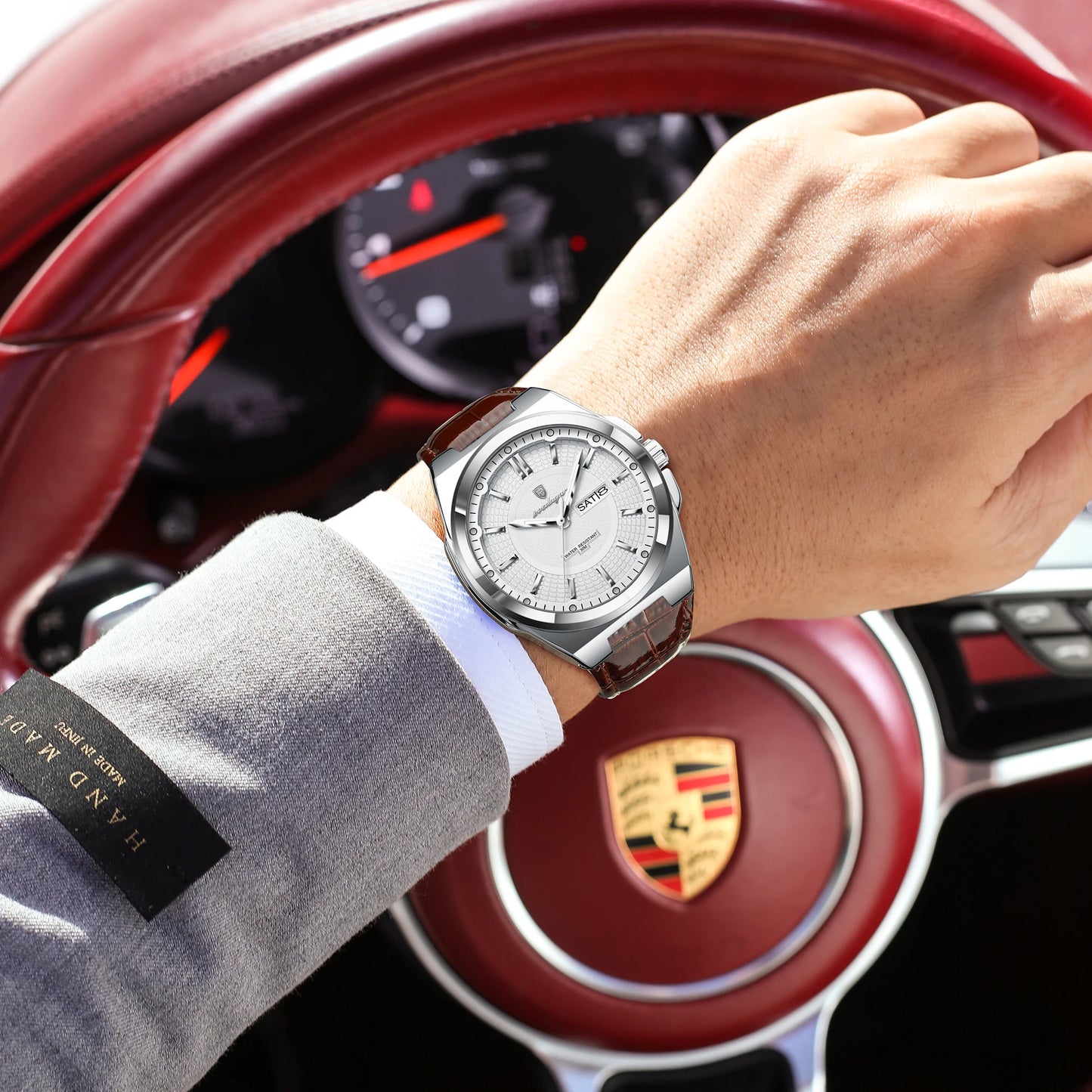 Full Calendar Leather Watch – Luminous Dial with Date & Week Display