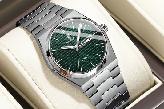 Full Calendar Stainless Steel Watch – Luminous Dial with Date, Week & Hidden Clasp