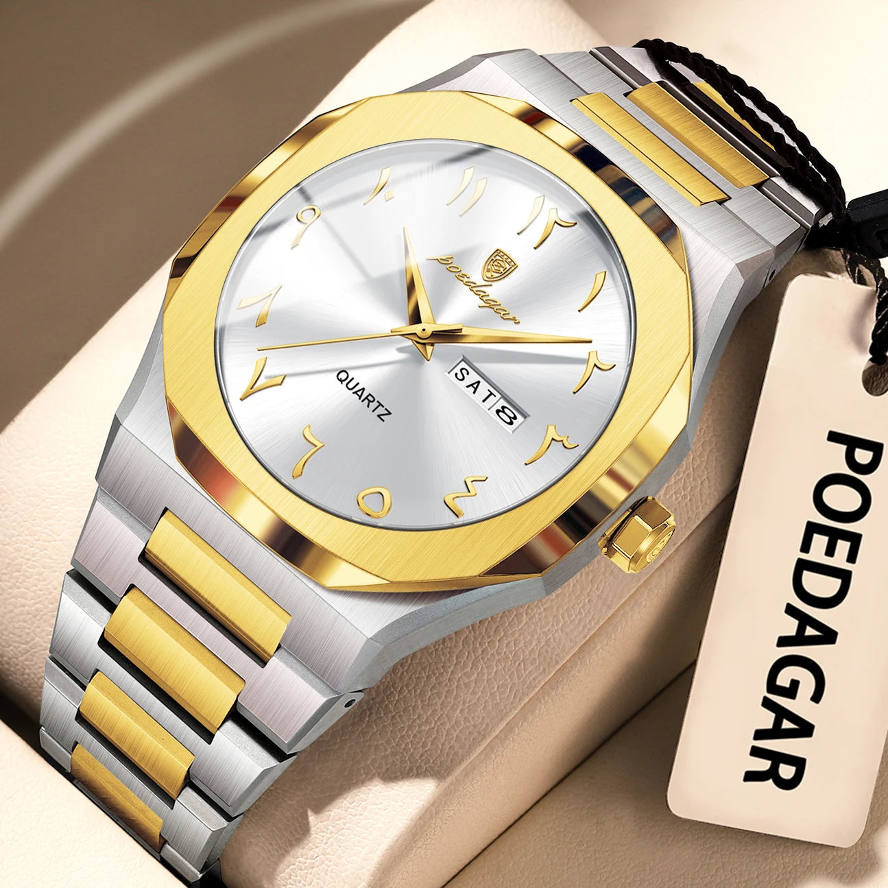 Irregular Shape Full Calendar Watch – Date & Week Display with Hidden Clasp