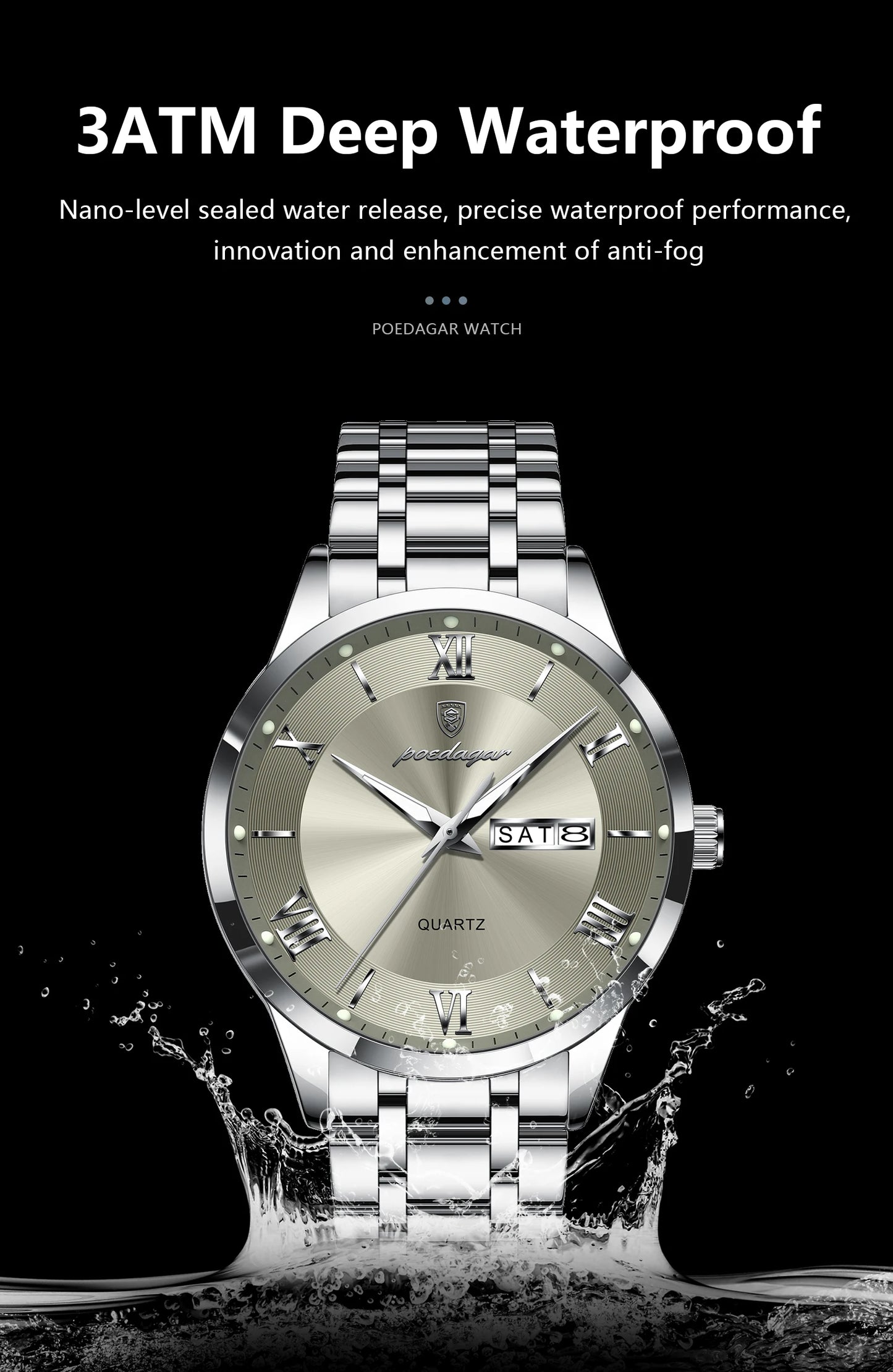 Roman Numeral Full Calendar Watch – Luminous Dial with Date, Week & Hidden Clasp