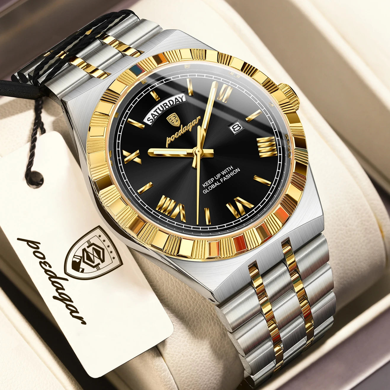 Luxury Business Chronograph – Day, Date, Luminous Dial, Steel Bracelet