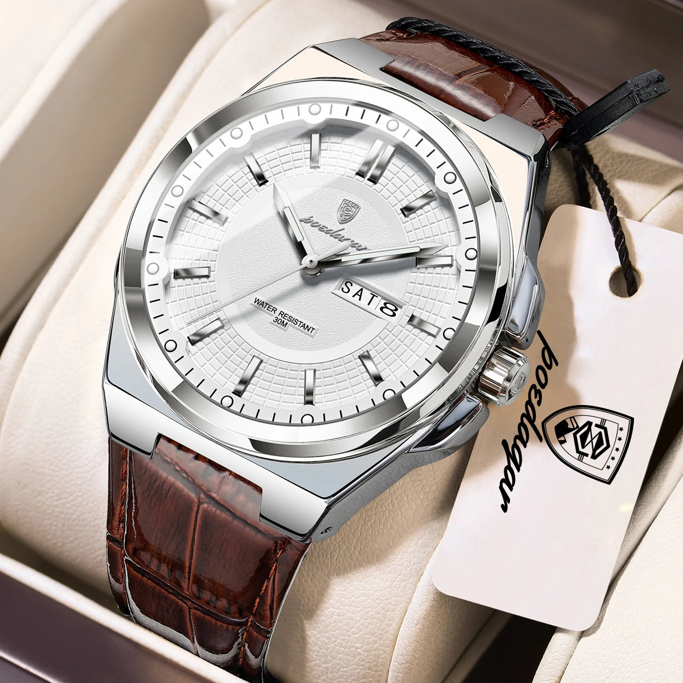 Full Calendar Leather Watch – Luminous Dial with Date & Week Display