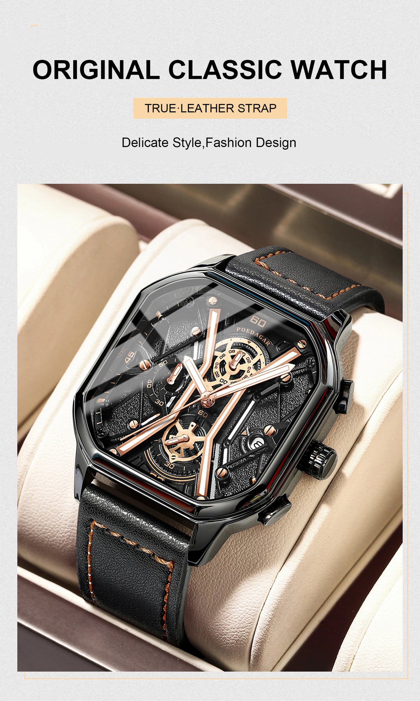 Square Chronograph Watch – Full Calendar with Leather Strap & Luminous Dial