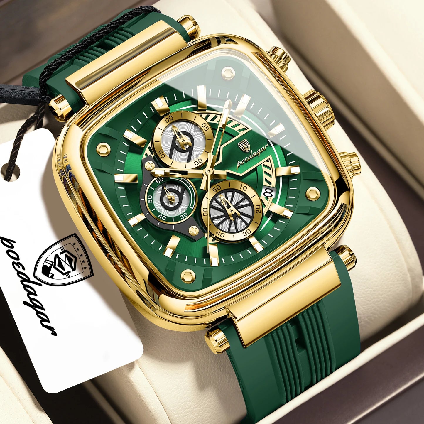 Square Chronograph Sport Watch – Luminous Dial with Silicone Strap & Date