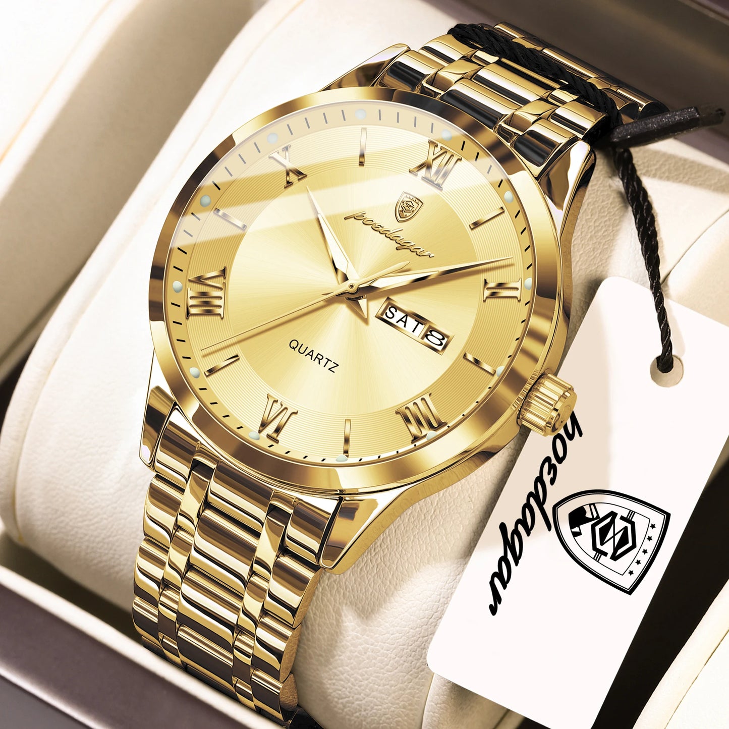 Full Calendar Stainless Steel Watch – Luminous Dial with Date, Week & Hidden Clasp