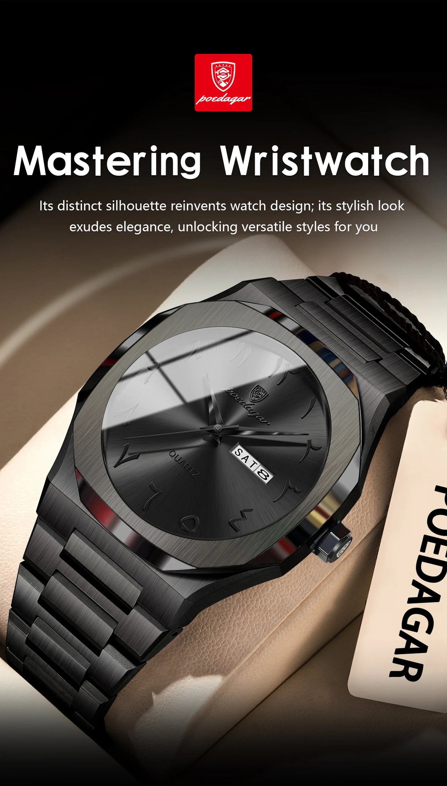Irregular Shape Stainless Steel Watch – Full Calendar with Date & Week Display