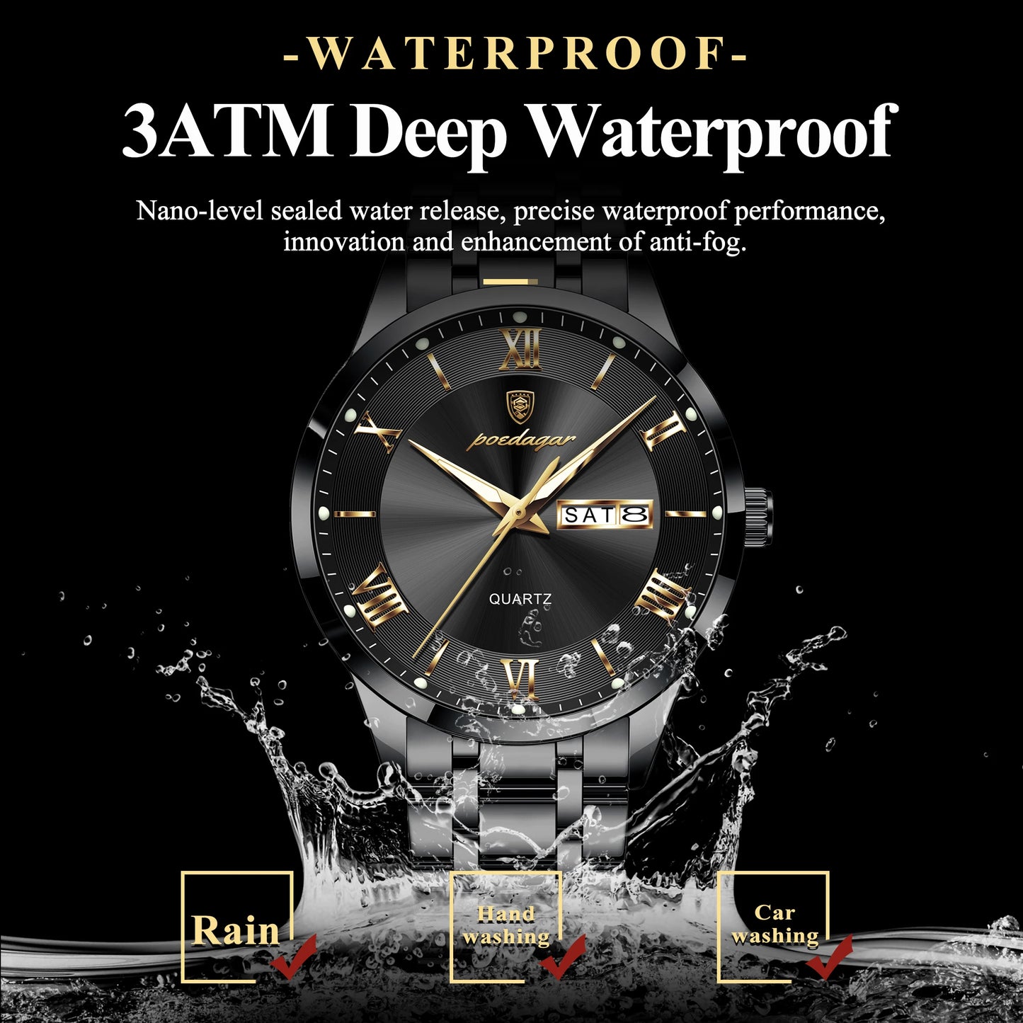 Full Calendar Stainless Steel Watch – Luminous Dial with Date, Week & Hidden Clasp