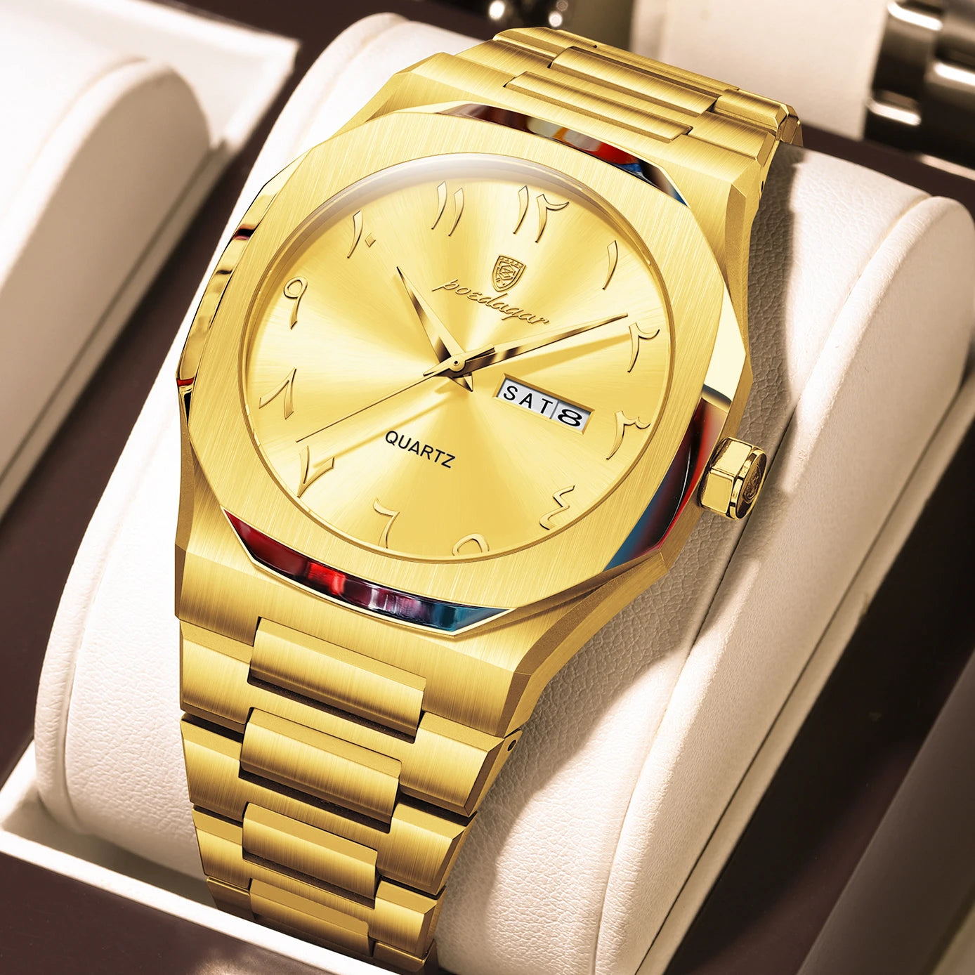 Irregular Shape Stainless Steel Watch – Full Calendar with Date & Week Display
