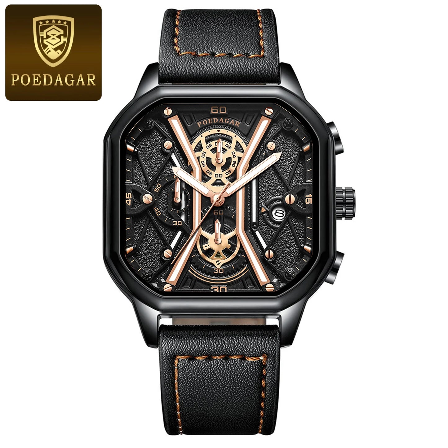 Square Chronograph Watch – Full Calendar with Leather Strap & Luminous Dial