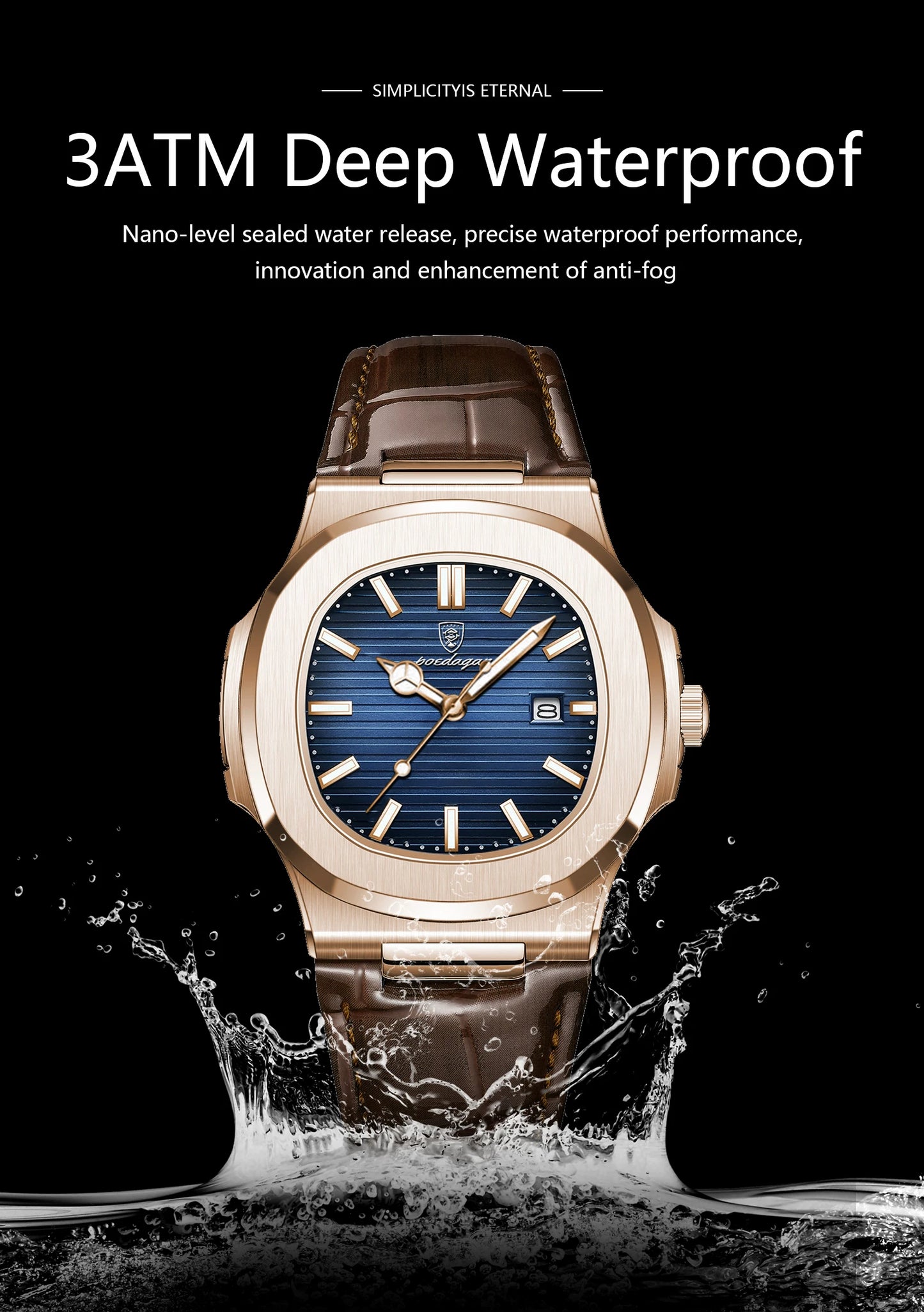 Square Leather Watch – Luminous Dial with Date & Classic Buckle
