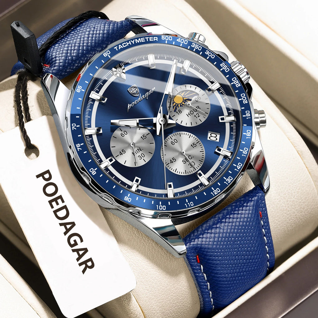 Premium Leather Chronograph Watch – Luminous Dial, Date Display, Quartz Movement