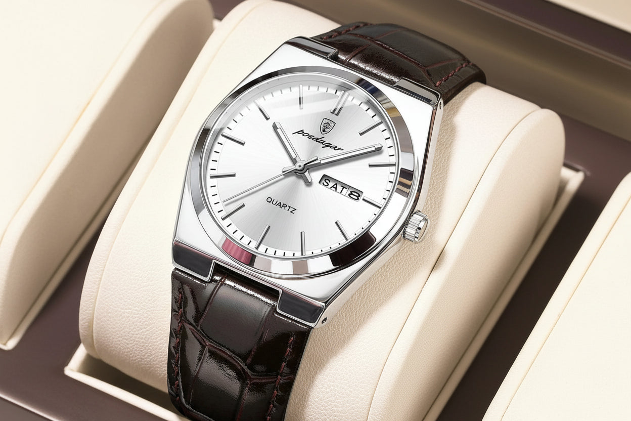 Full Calendar Leather Watch – Luminous Dial with Date, Week & Classic Buckle