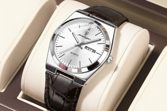 Full Calendar Leather Watch – Luminous Dial with Date, Week & Classic Buckle