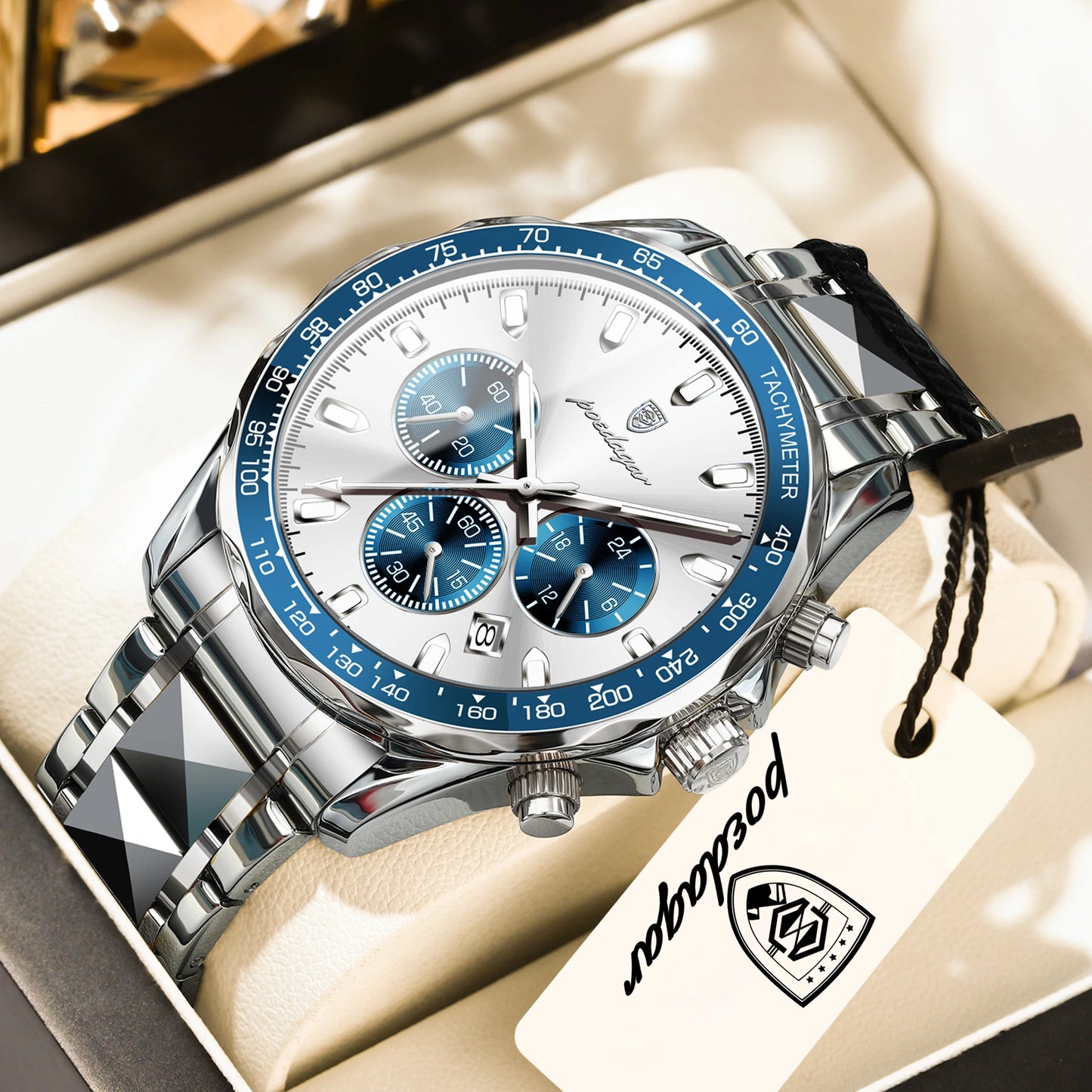 Chronograph Date Watch – Luminous Dial with Hidden Clasp Bracelet
