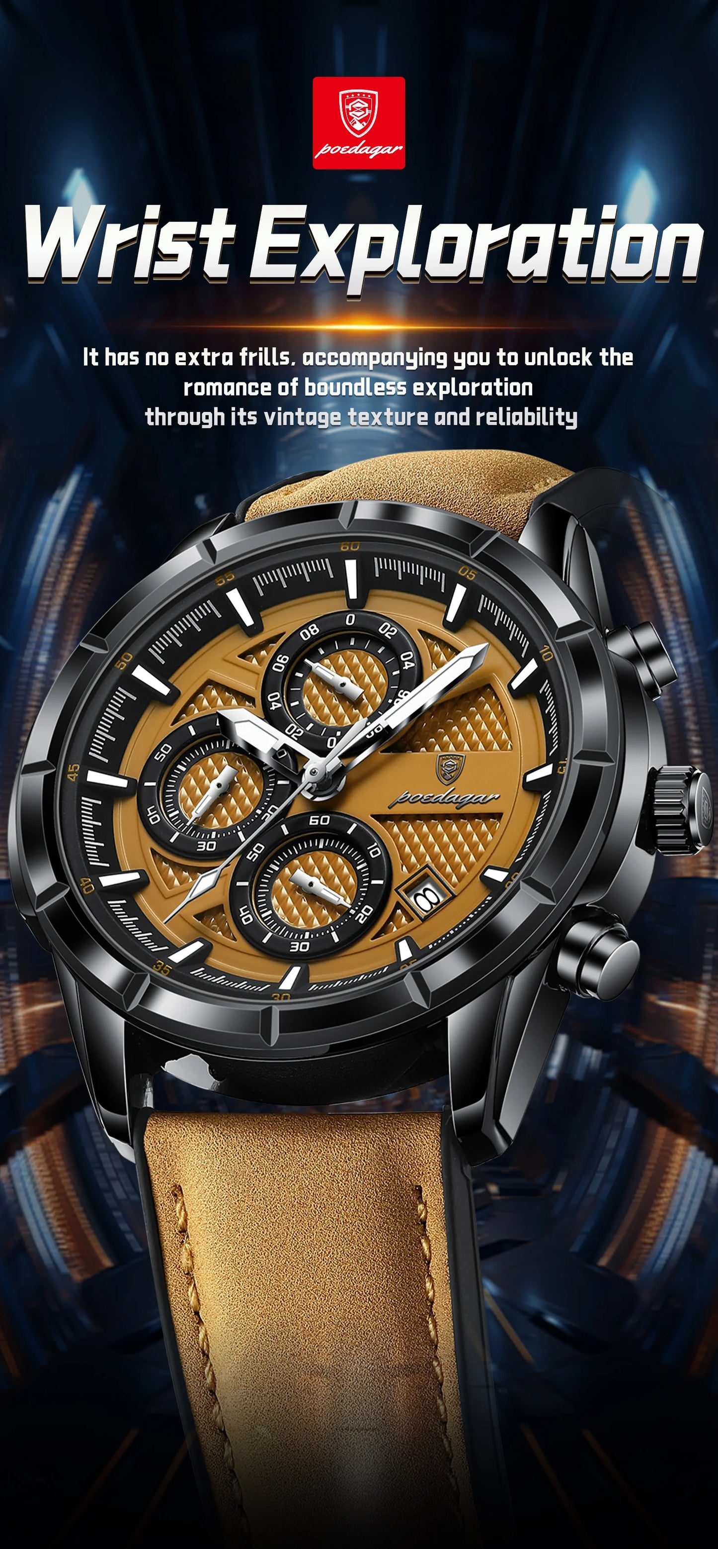 Large Chronograph Watch – Arabic Dial with Leather Strap & Date