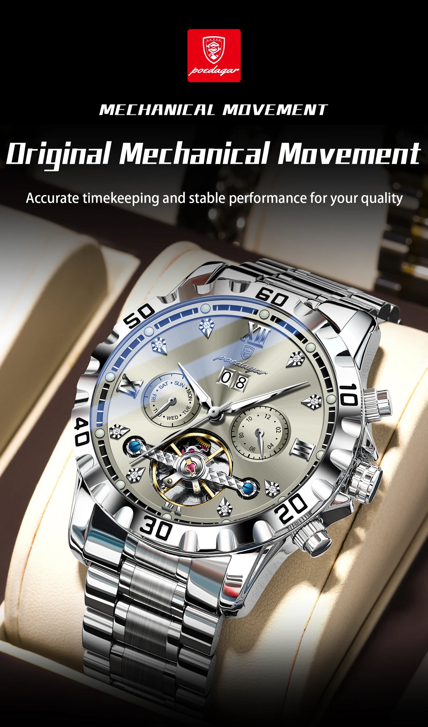 Automatic Tourbillon Style Watch – Sapphire Crystal with Week Display & Hidden Clasp