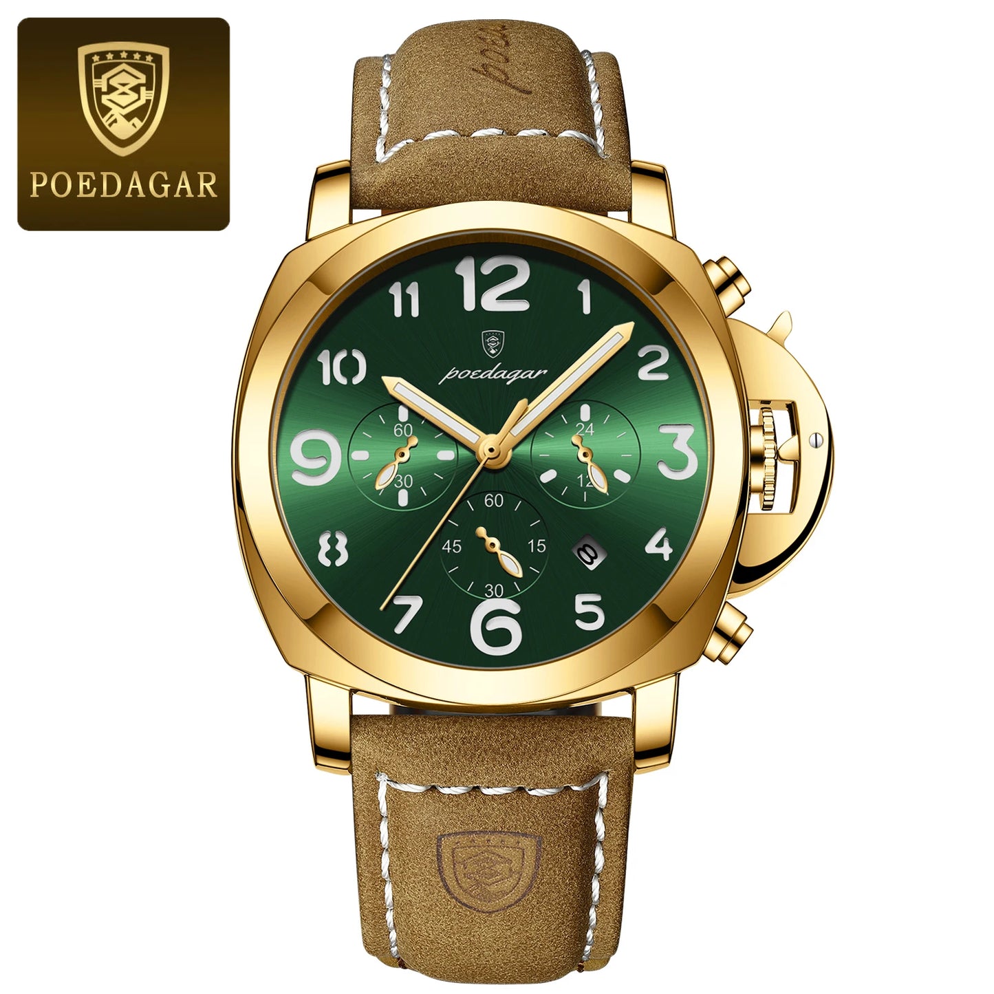 Military Style Chronograph Watch – Luminous Leather Strap with Date