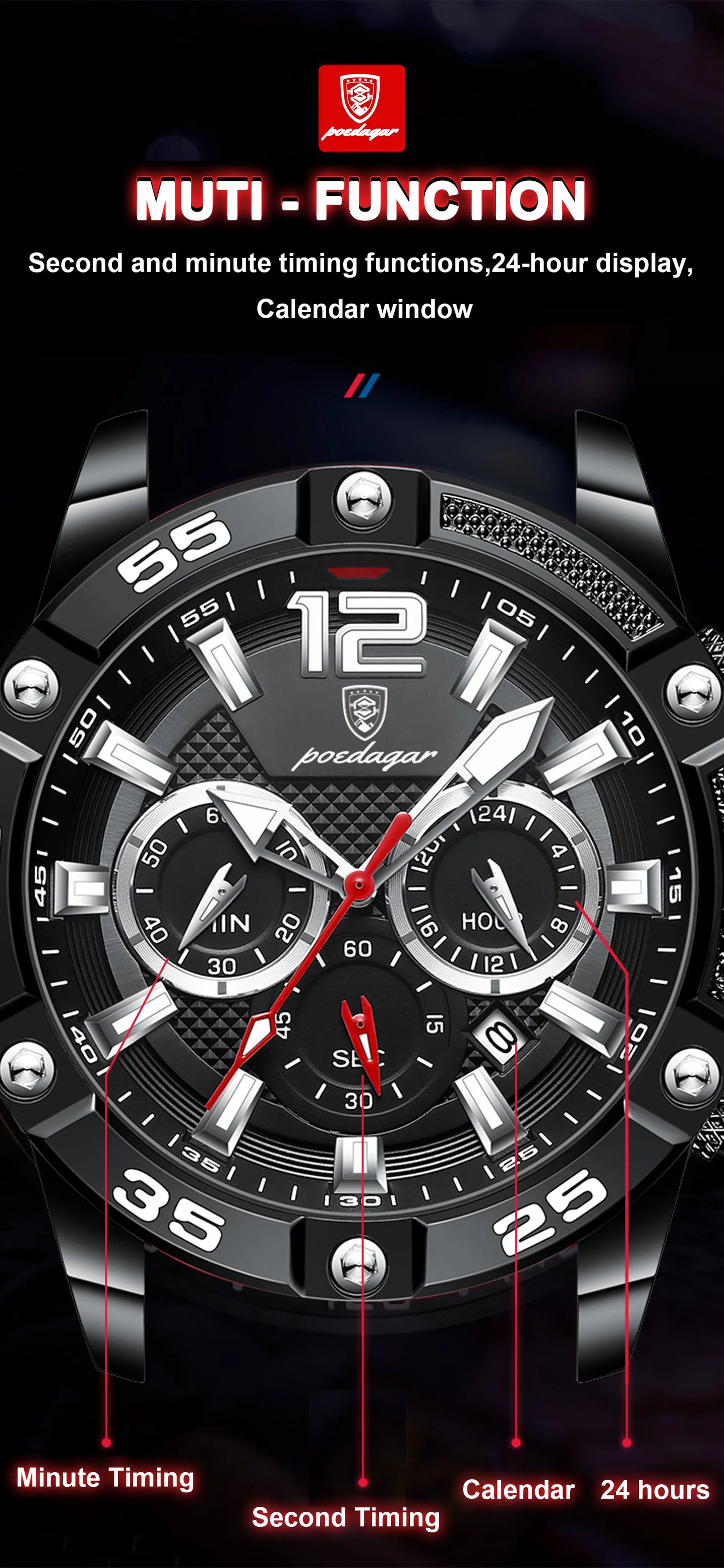 Large Chronograph Sport Watch – Luminous Dial with Silicone Strap & Date