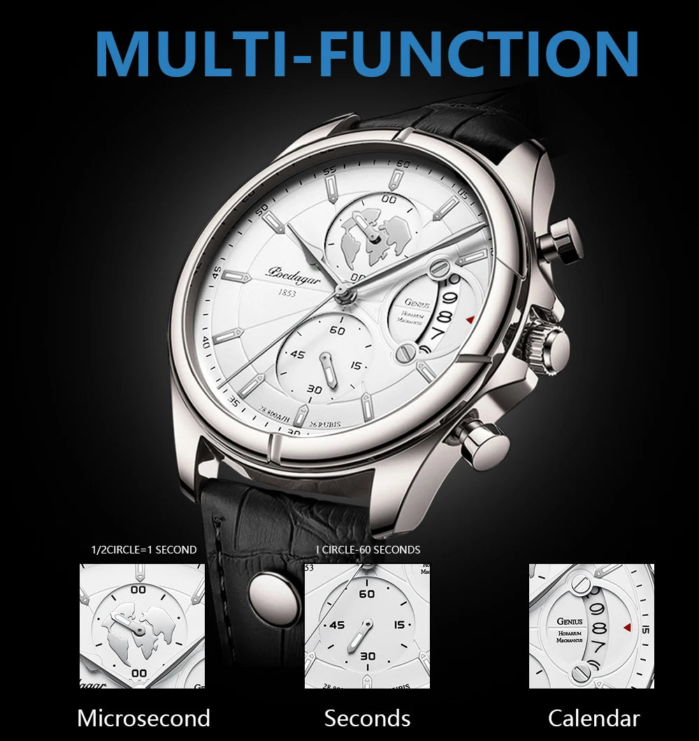 Chronograph Leather Watch – Full Calendar & Luminous Dial