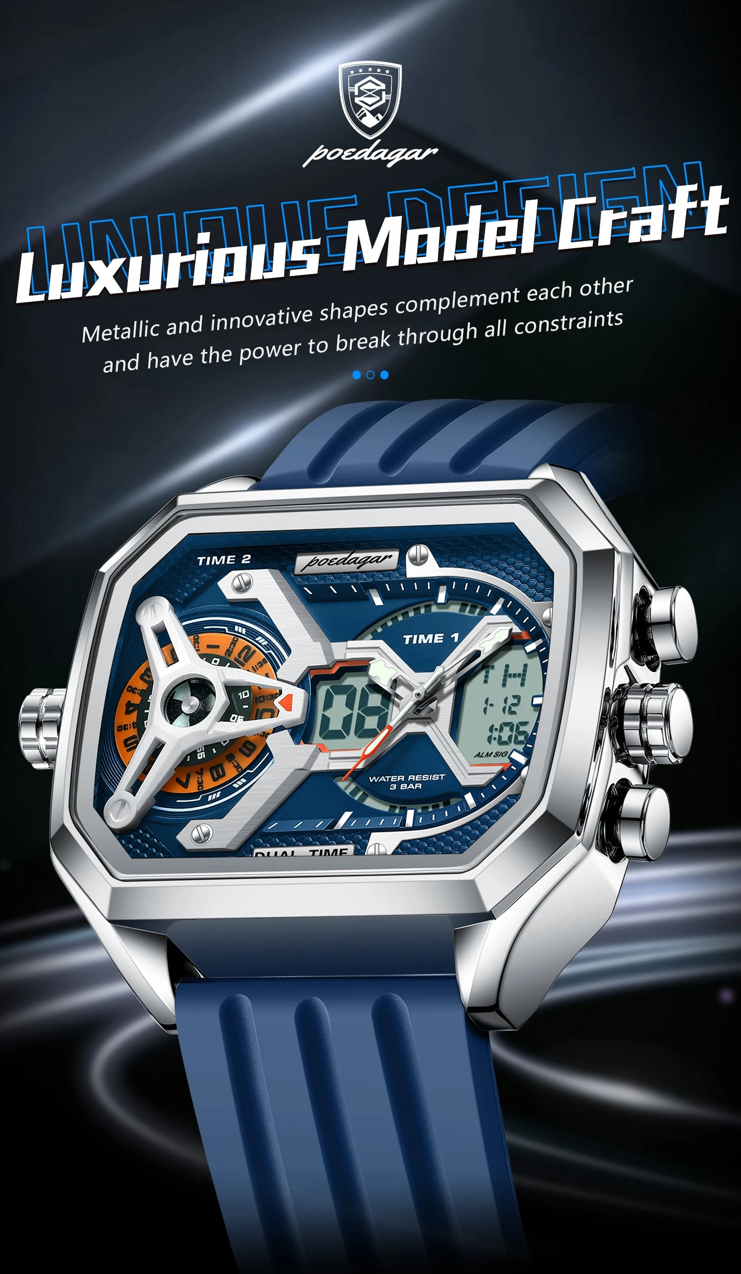LED Analog-Digital Chronograph Watch – Dual Time & Alarm with Silicone Strap