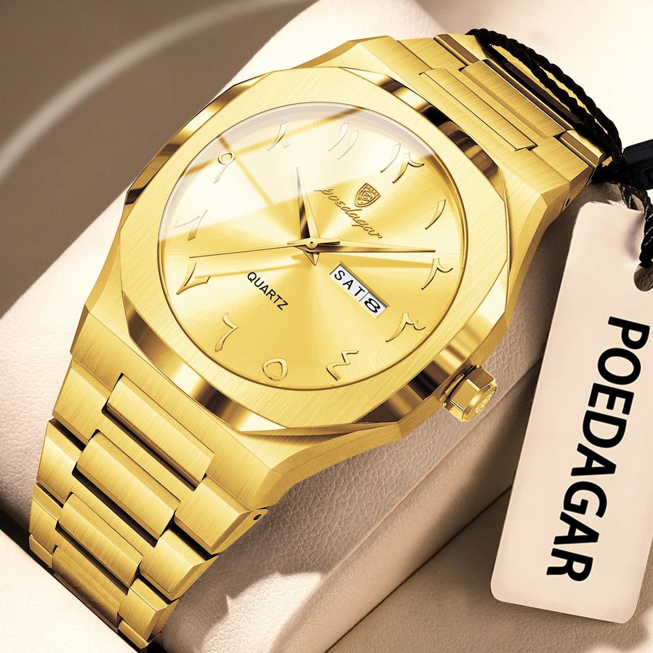 Irregular Shape Full Calendar Watch – Date & Week Display with Hidden Clasp