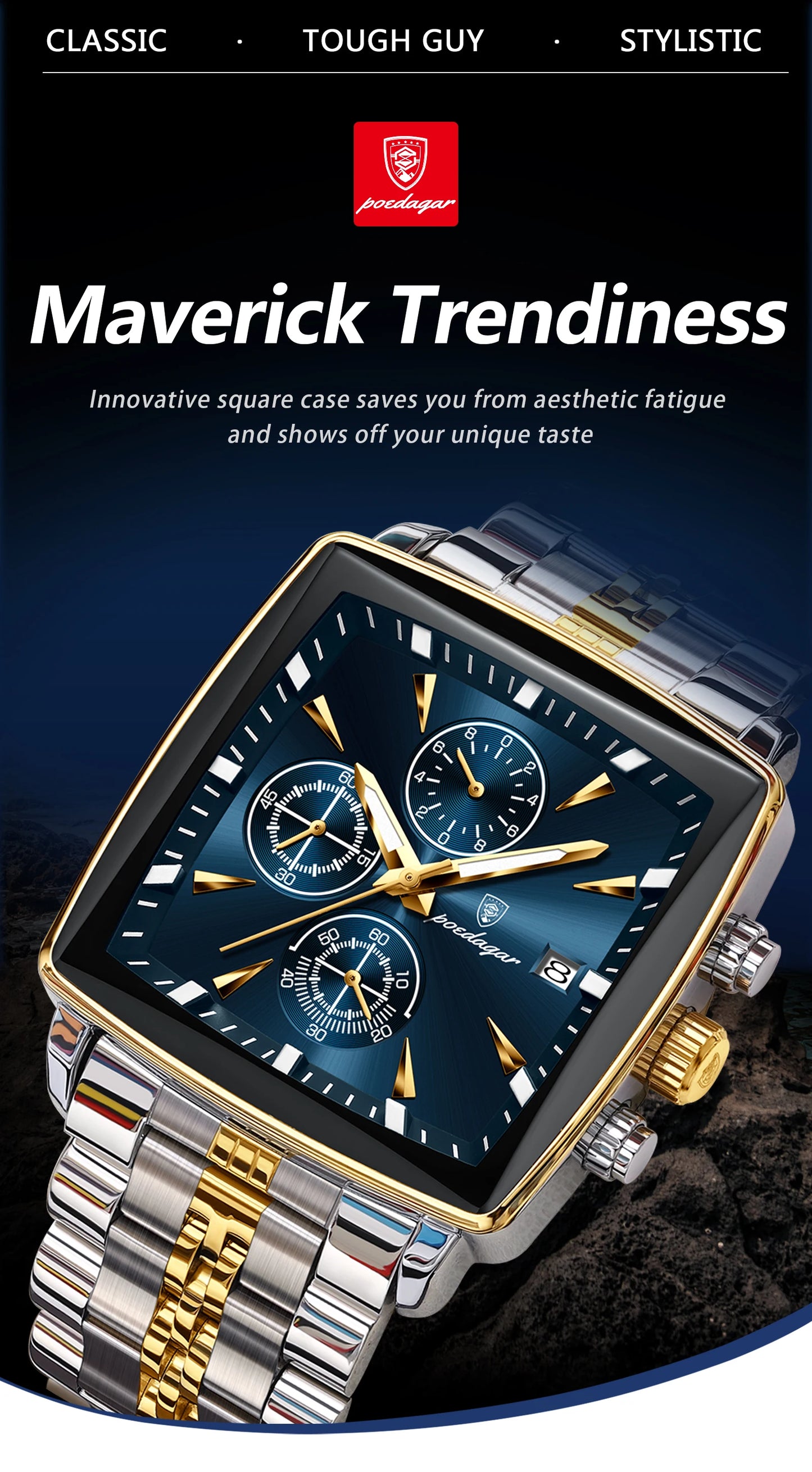 Square Chronograph Watch – Bold Numberless Dial with Hidden Clasp Bracelet