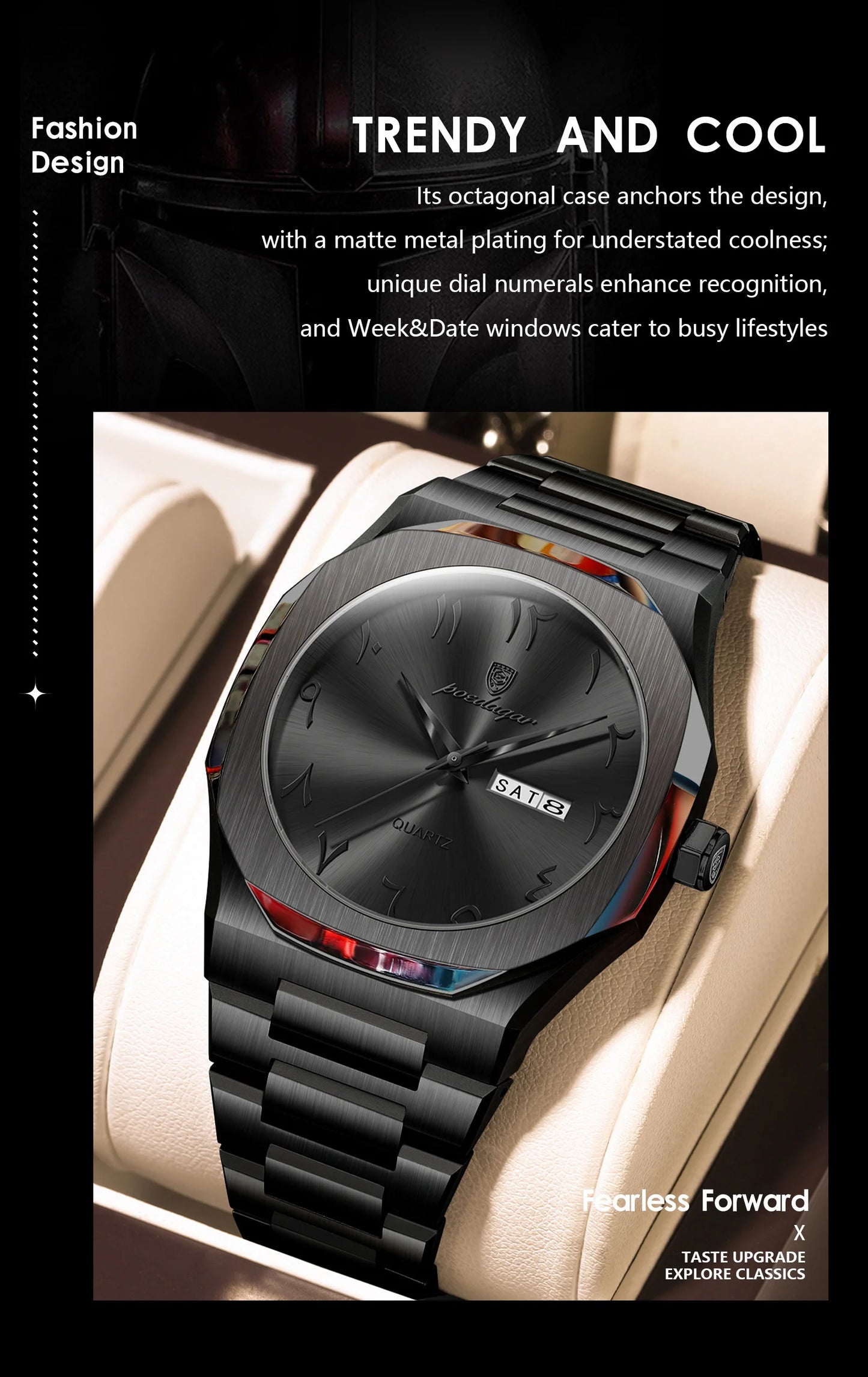 Irregular Shape Stainless Steel Watch – Full Calendar with Date & Week Display