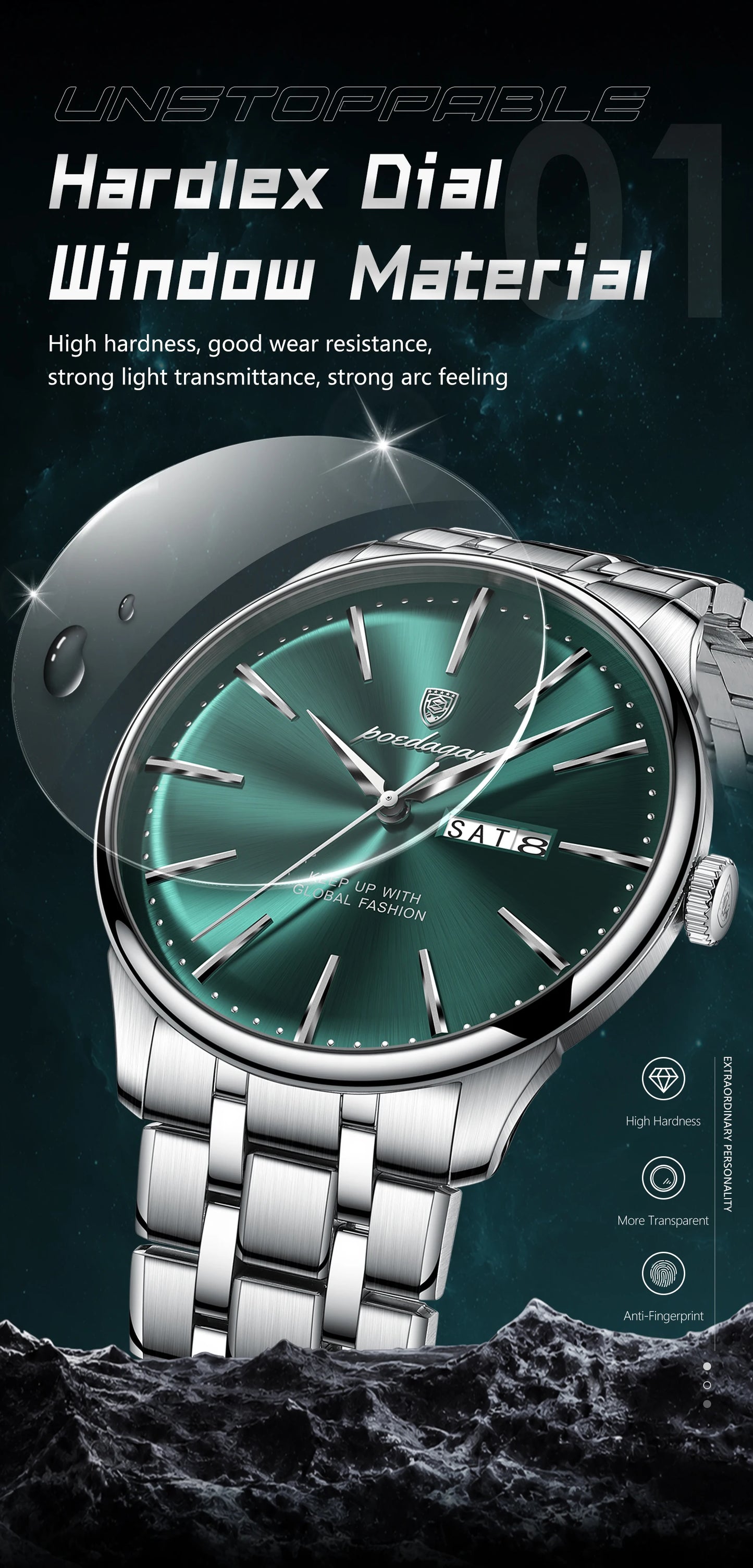 Full Calendar Stainless Steel Watch – Date & Week Display with Hidden Clasp