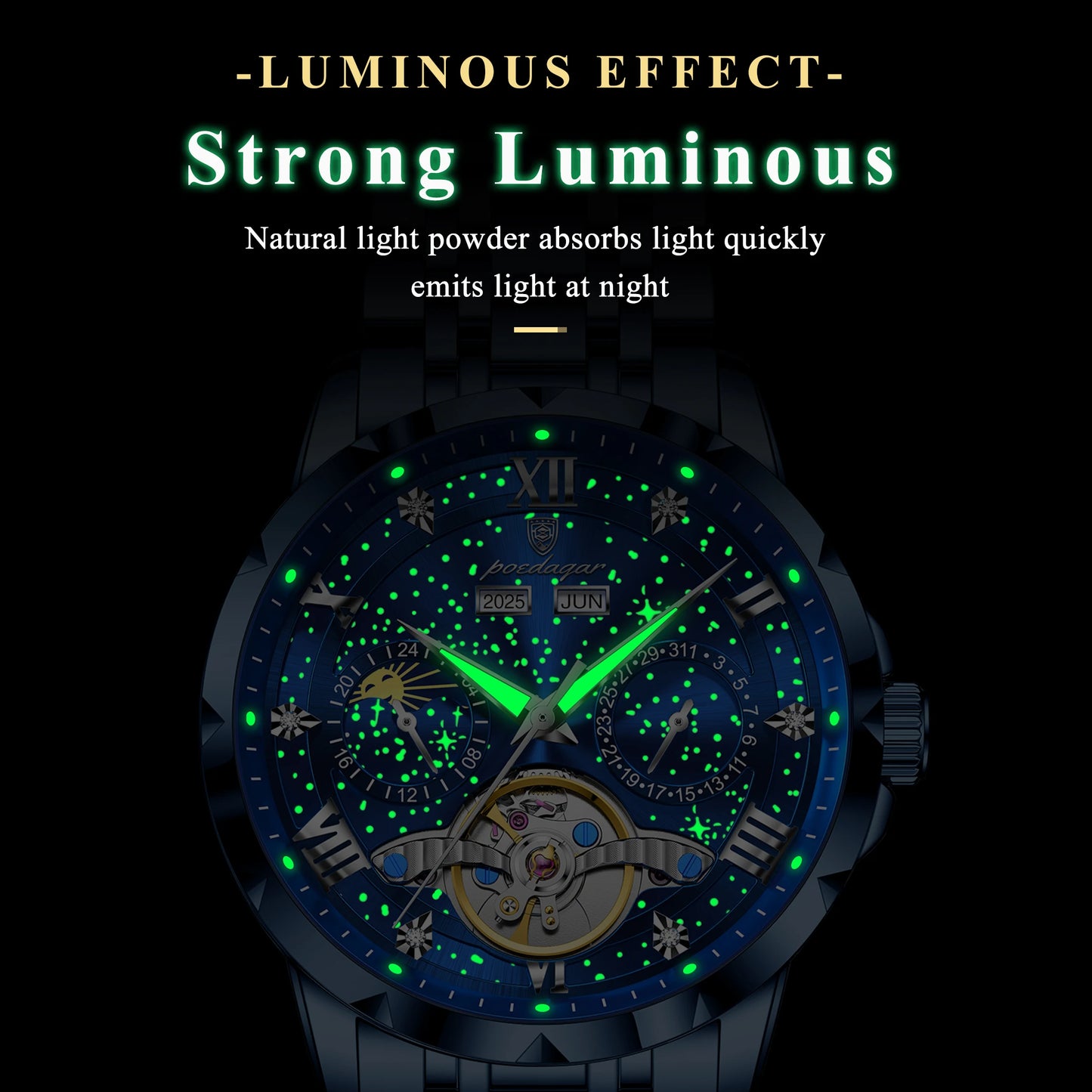 Automatic Skeleton Watch – Tourbillon Style with Roman Numeral Dial & Full Calendar